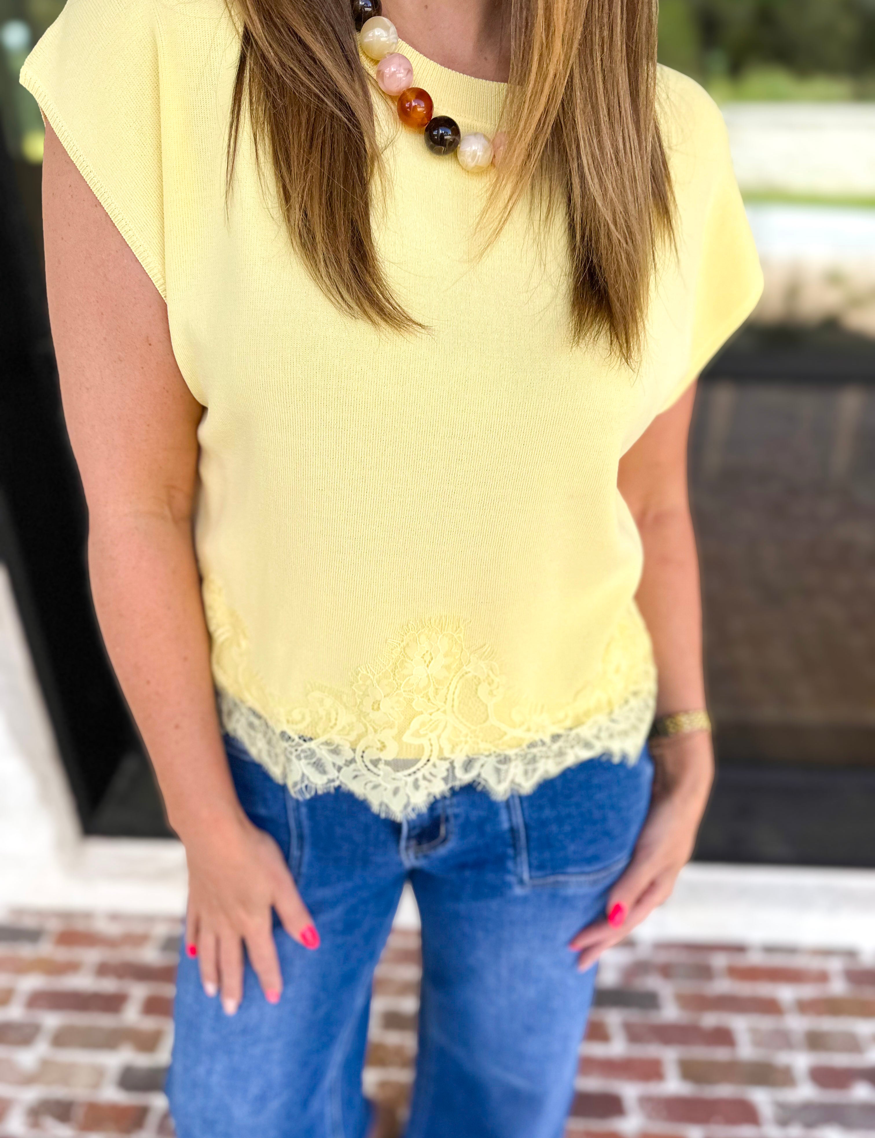 Collins Lace Trim Blouse - Lemon-200 Fashion Blouses-ENTRO-July & June Women's Fashion Boutique Located in San Antonio, Texas