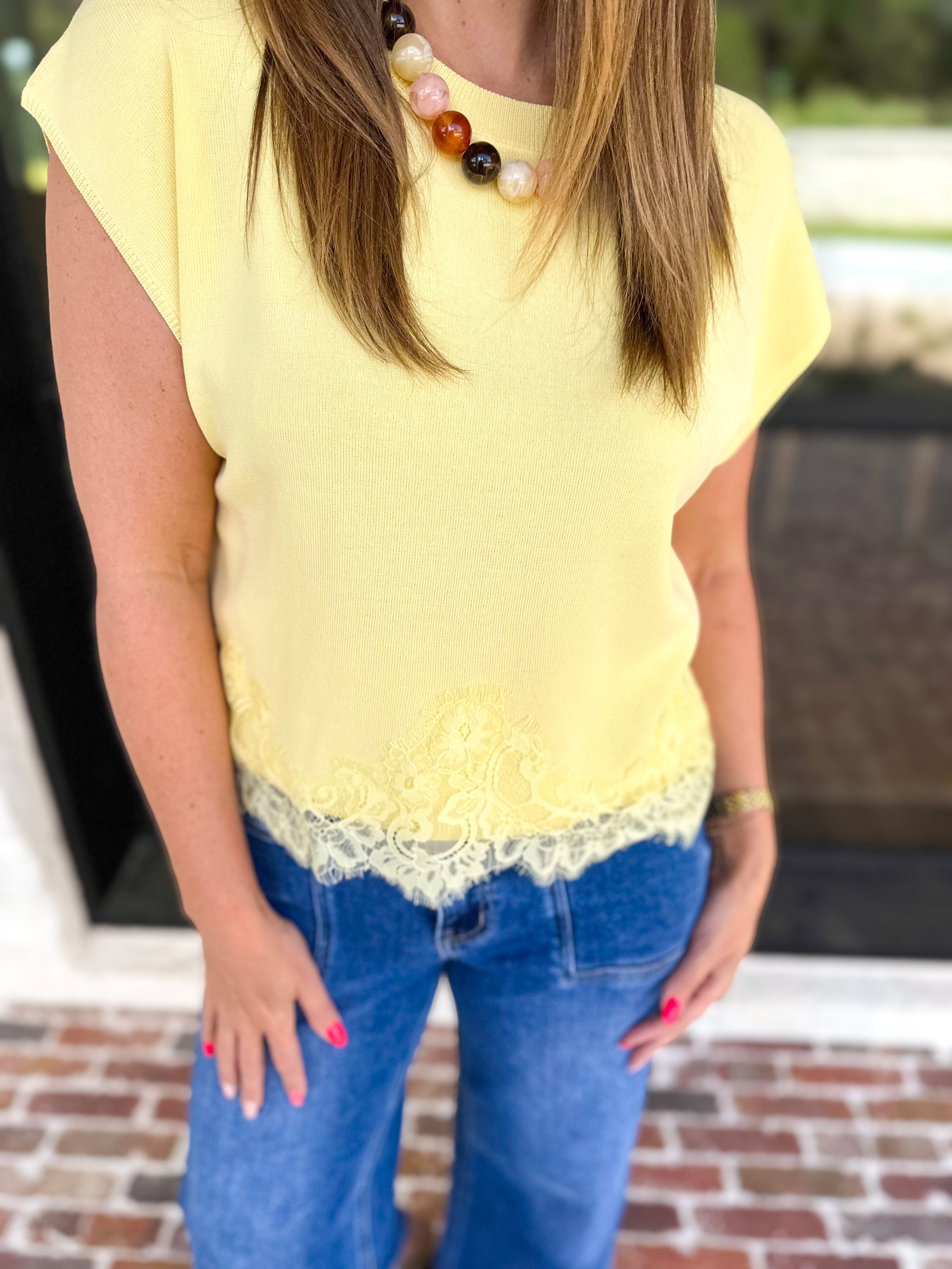 Collins Lace Trim Blouse - Lemon-200 Fashion Blouses-ENTRO-July & June Women's Fashion Boutique Located in San Antonio, Texas