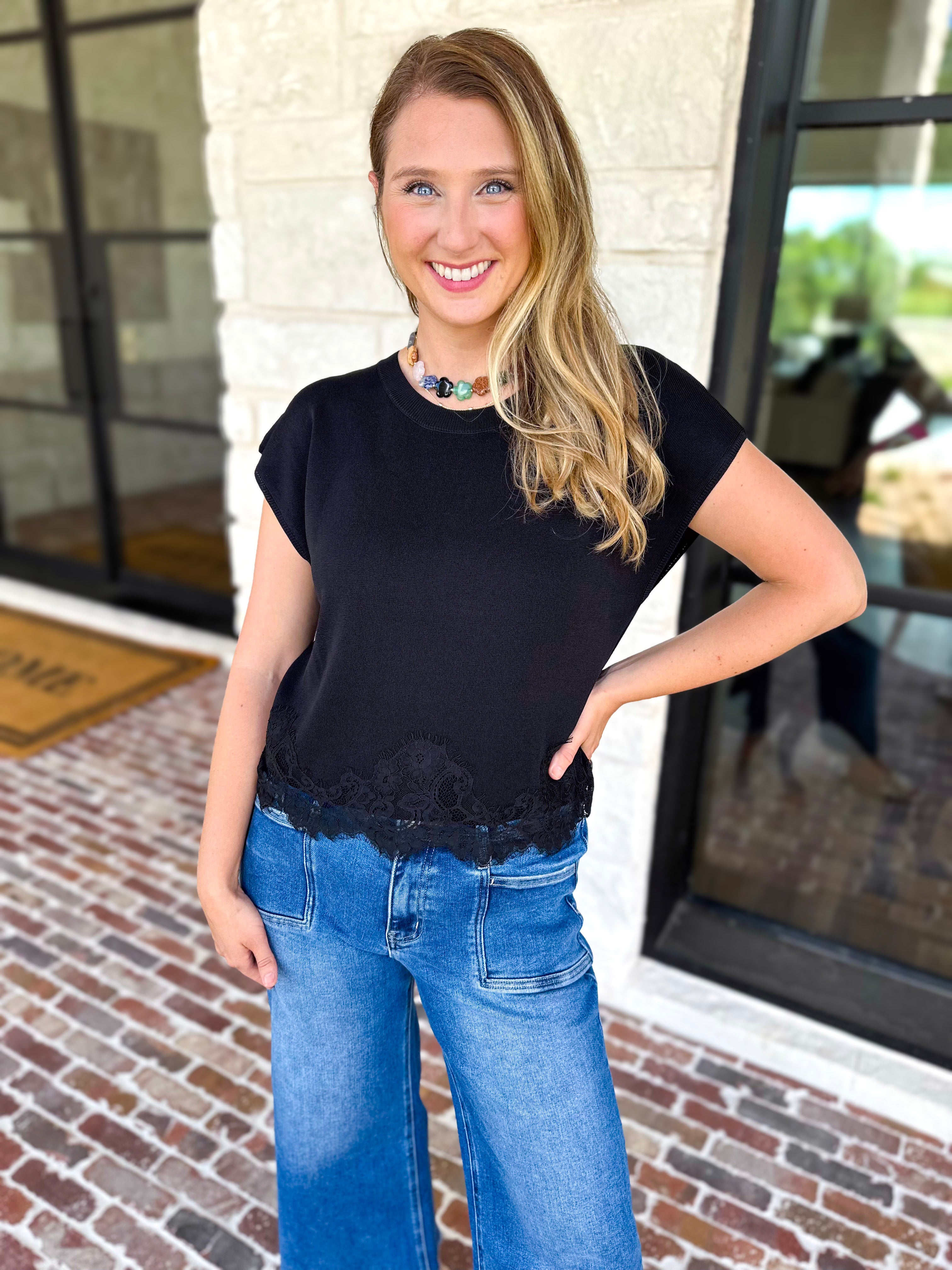 Collins Lace Trim Blouse - Black-200 Fashion Blouses-ENTRO-July & June Women's Fashion Boutique Located in San Antonio, Texas