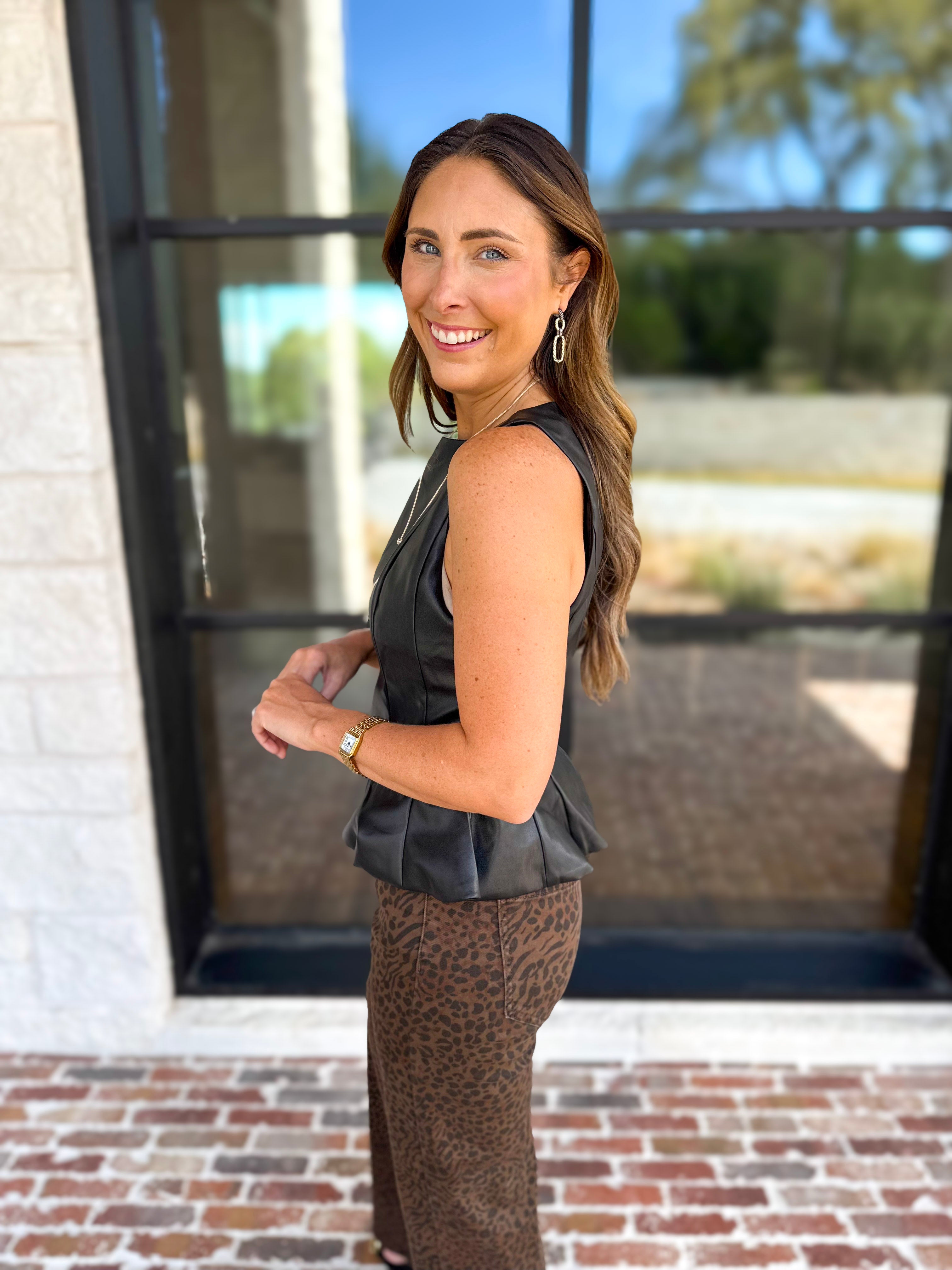 THML - Chic Peplum Black Faux Leather Blouse-200 Fashion Blouses-THML-July & June Women's Fashion Boutique Located in San Antonio, Texas