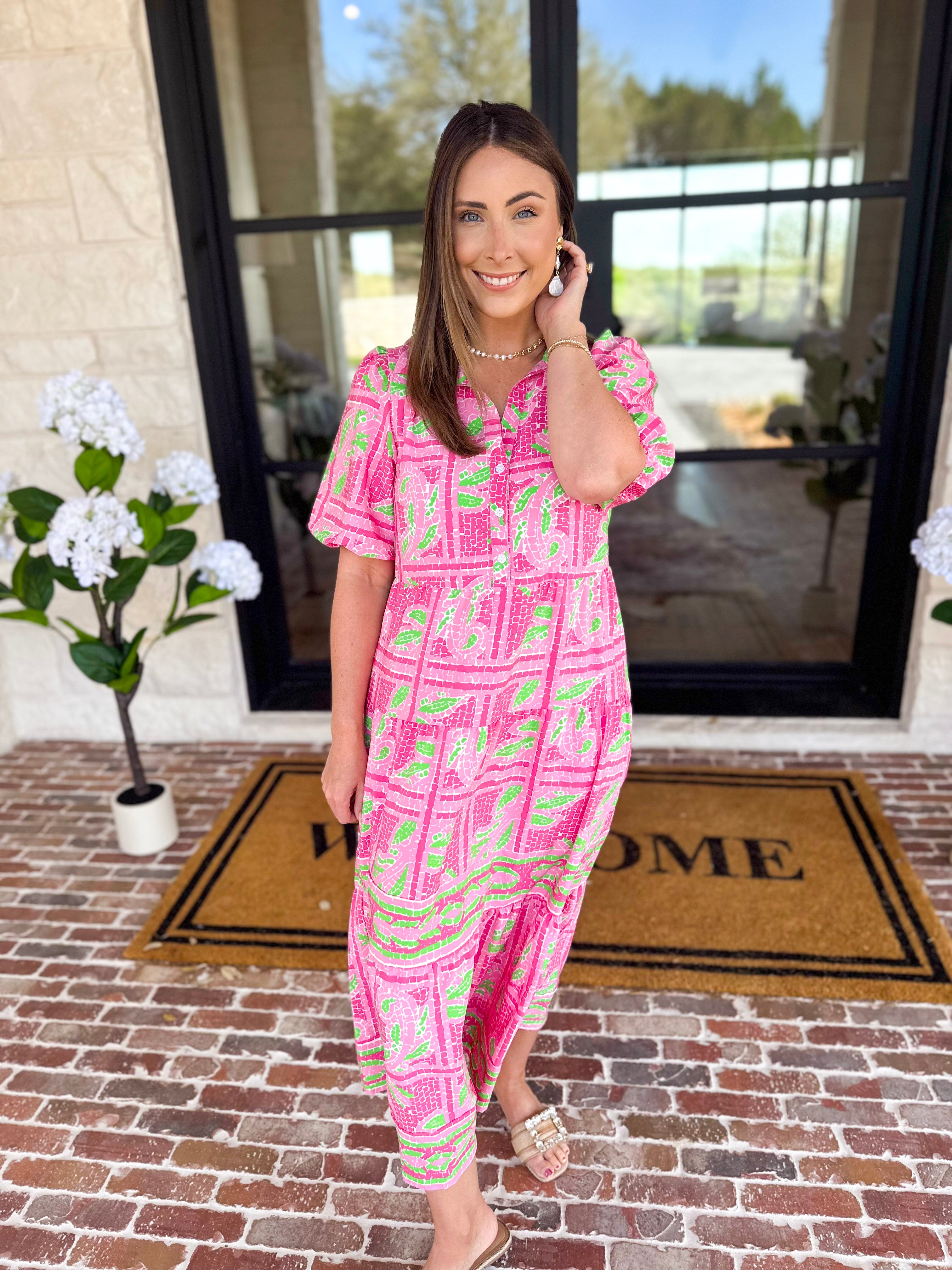 Mary Square - Pink Trellis Tiles Midi Dress-500 Midi-MARY SQUARE-July & June Women's Fashion Boutique Located in San Antonio, Texas