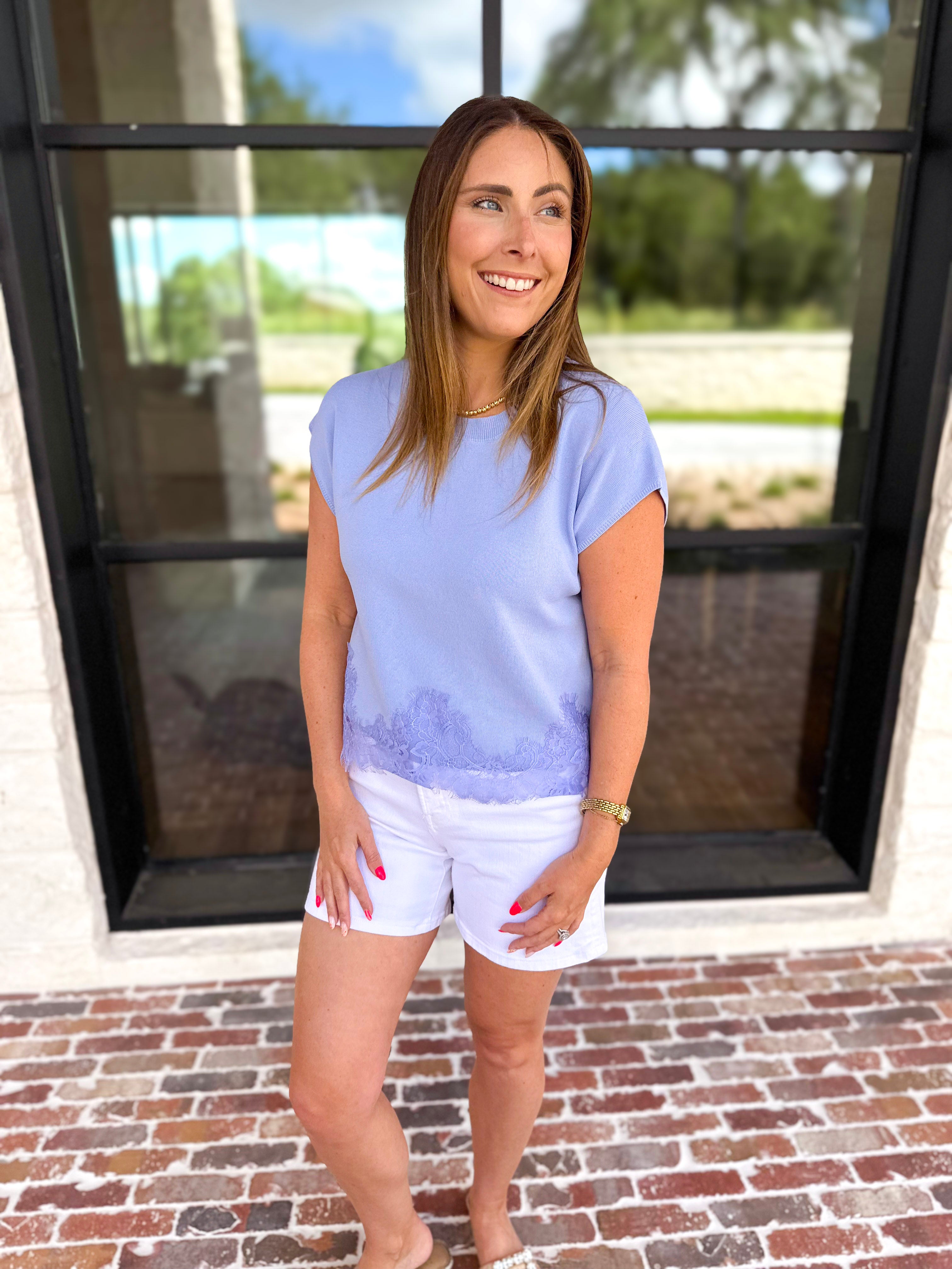 Collins Lace Trim Blouse - Sky-200 Fashion Blouses-ENTRO-July & June Women's Fashion Boutique Located in San Antonio, Texas