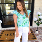 Mary Square - Lydia Trellis Tiles Blouse - Blue-200 Fashion Blouses-MARY SQUARE-July & June Women's Fashion Boutique Located in San Antonio, Texas