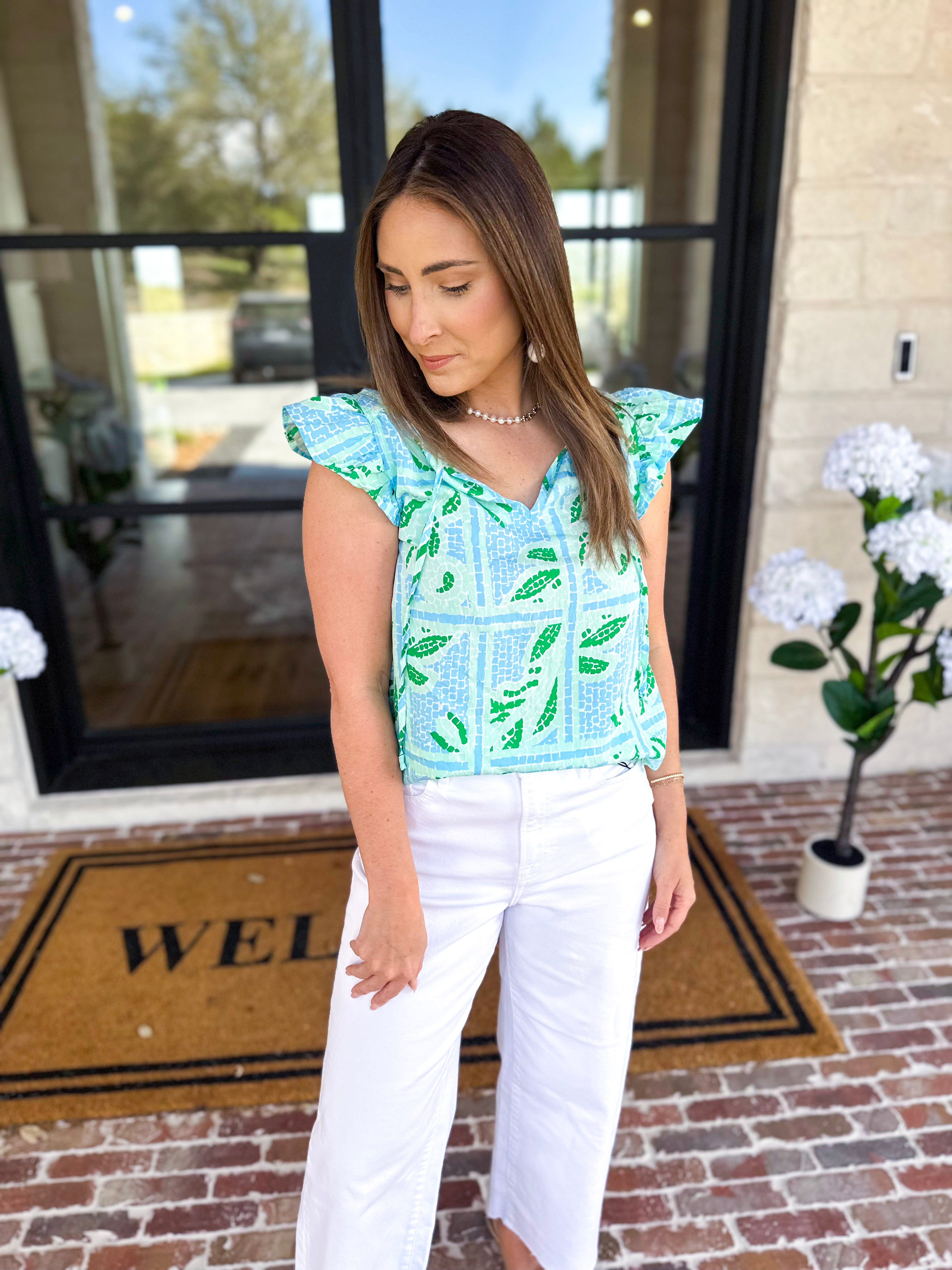 Mary Square - Lydia Trellis Tiles Blouse - Blue-200 Fashion Blouses-MARY SQUARE-July & June Women's Fashion Boutique Located in San Antonio, Texas