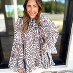 Feminine Flowy Ruffled Blouse - Mocha Zebra-200 Fashion Blouses-TCEC-July & June Women's Fashion Boutique Located in San Antonio, Texas