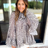 Feminine Flowy Ruffled Blouse - Mocha Zebra-200 Fashion Blouses-TCEC-July & June Women's Fashion Boutique Located in San Antonio, Texas