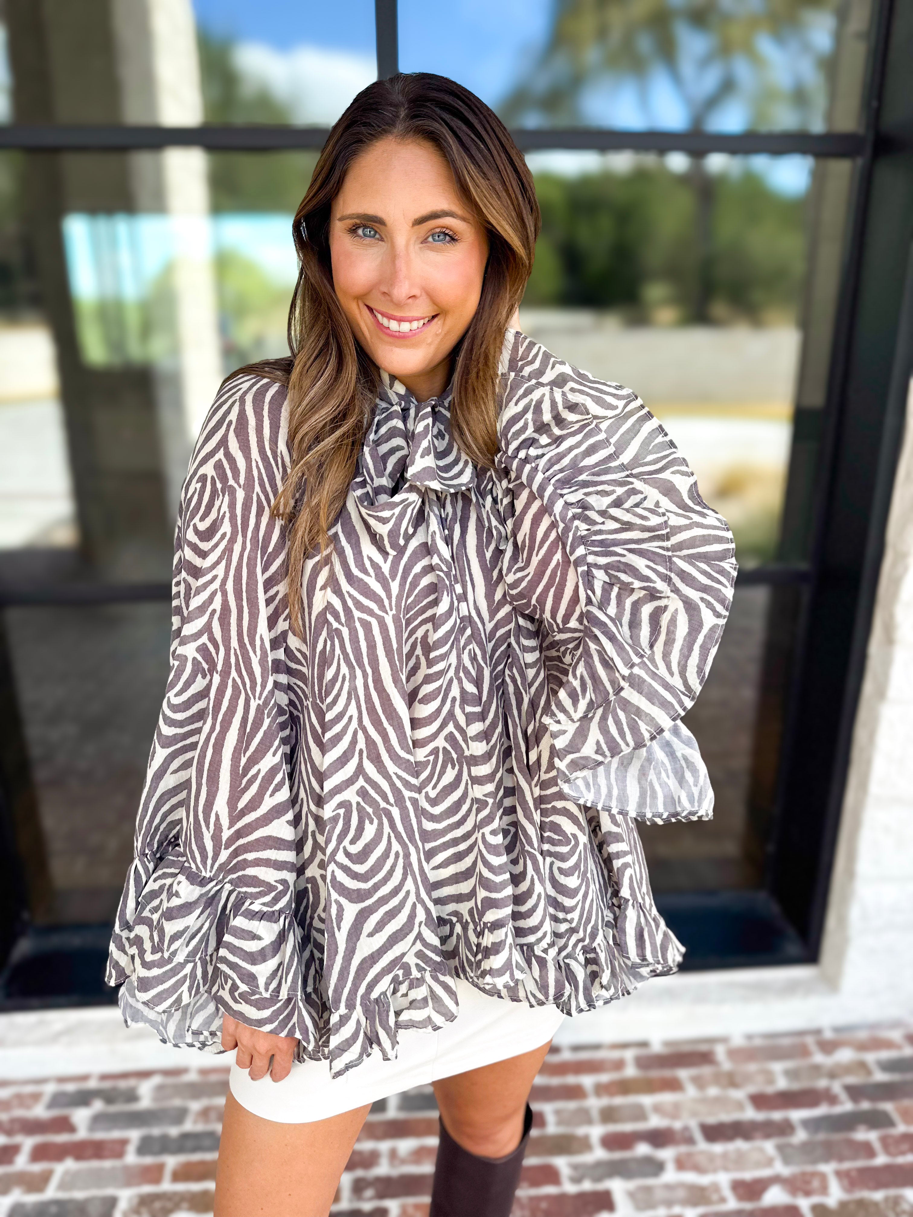 Feminine Flowy Ruffled Blouse - Mocha Zebra-200 Fashion Blouses-TCEC-July & June Women's Fashion Boutique Located in San Antonio, Texas