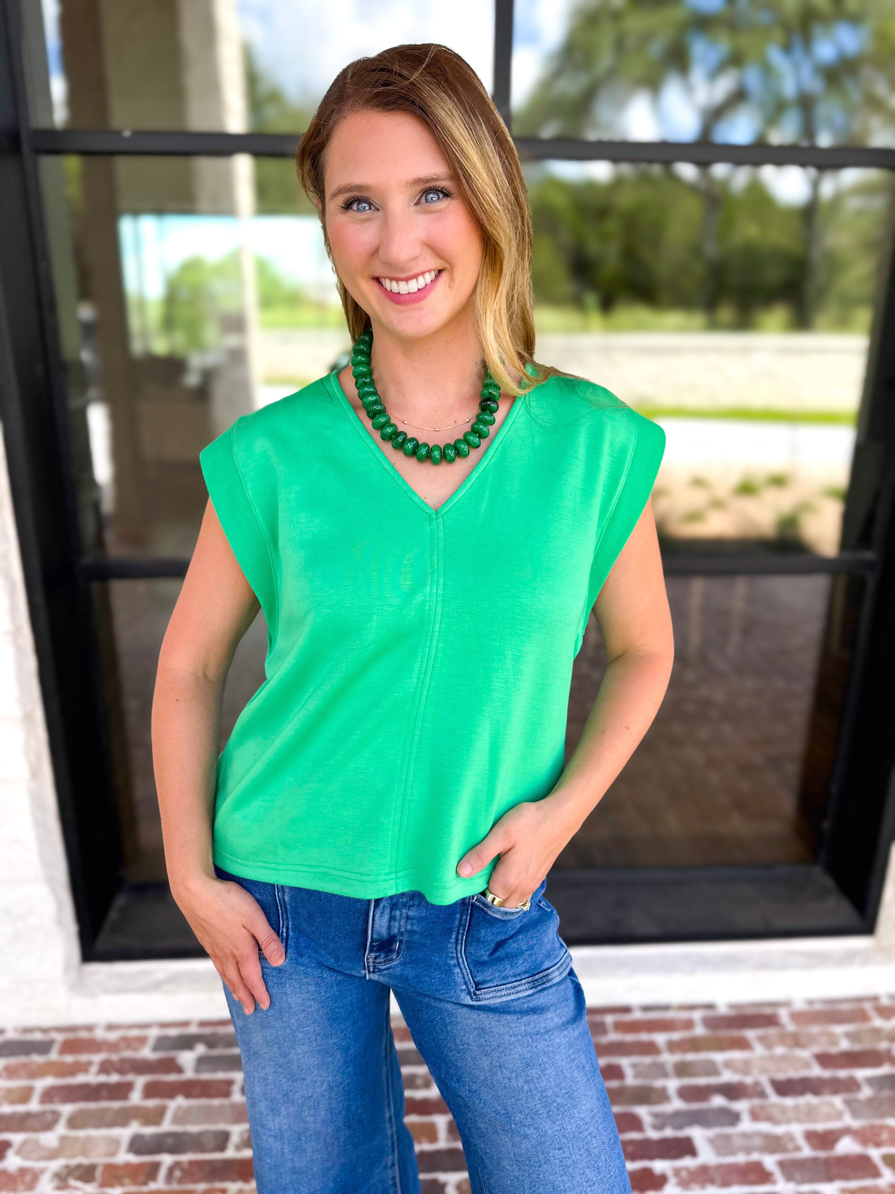 Casual Staples V-Neck Top - Kelly Green-210 Casual Blouses-ENTRO-July & June Women's Fashion Boutique Located in San Antonio, Texas