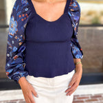 Midnight Floral Sheer Sleeve & Knit Top-230 Sweaters/Cardis-SKIES ARE BLUE-July & June Women's Fashion Boutique Located in San Antonio, Texas