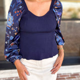 Midnight Floral Sheer Sleeve & Knit Top-230 Sweaters/Cardis-SKIES ARE BLUE-July & June Women's Fashion Boutique Located in San Antonio, Texas