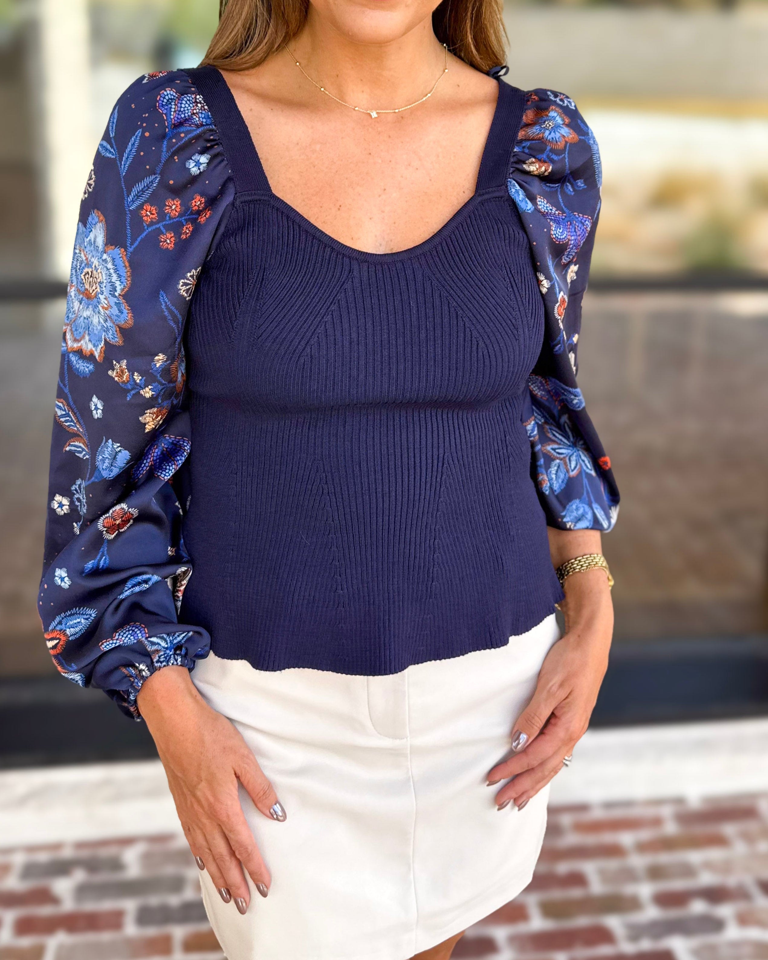 Midnight Floral Sheer Sleeve & Knit Top-230 Sweaters/Cardis-SKIES ARE BLUE-July & June Women's Fashion Boutique Located in San Antonio, Texas