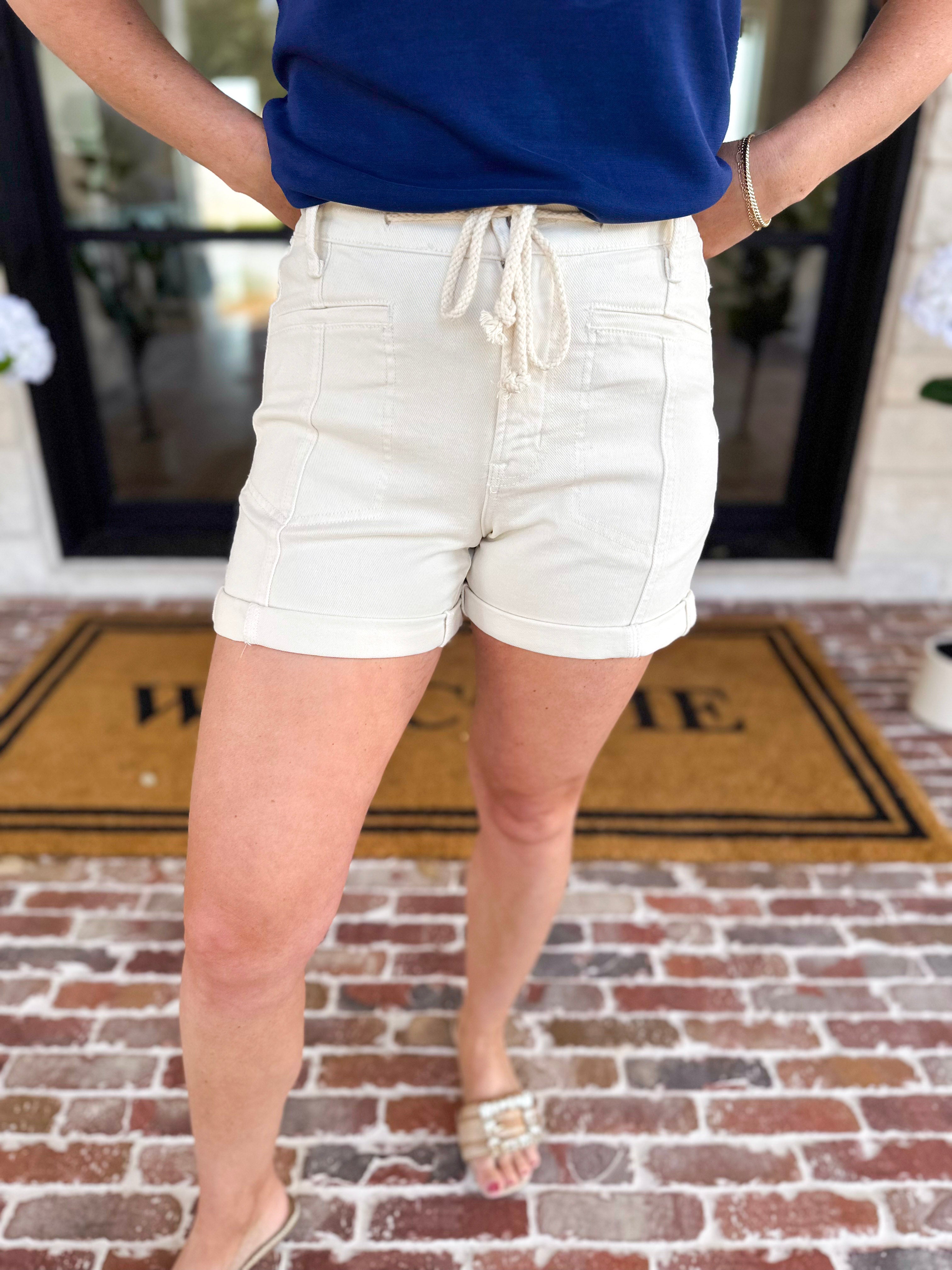 Vervet - Cream Drawstring Denim Shorts-410 Shorts/Skirts-VEVERT BY FLYING MONKEY-July & June Women's Fashion Boutique Located in San Antonio, Texas