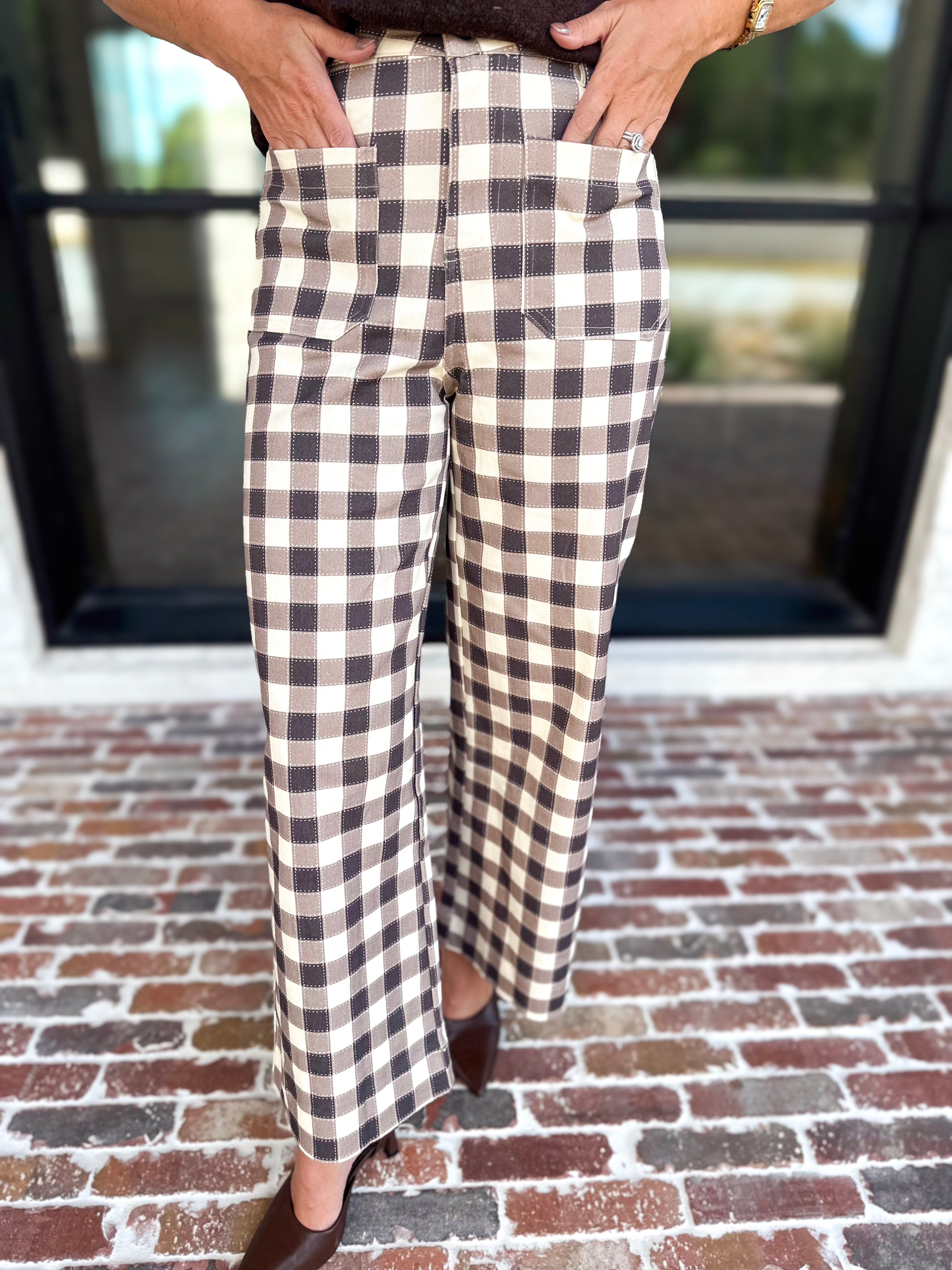 Mocha Cream Checkered Pants-400 Pants-ENTRO-July & June Women's Fashion Boutique Located in San Antonio, Texas
