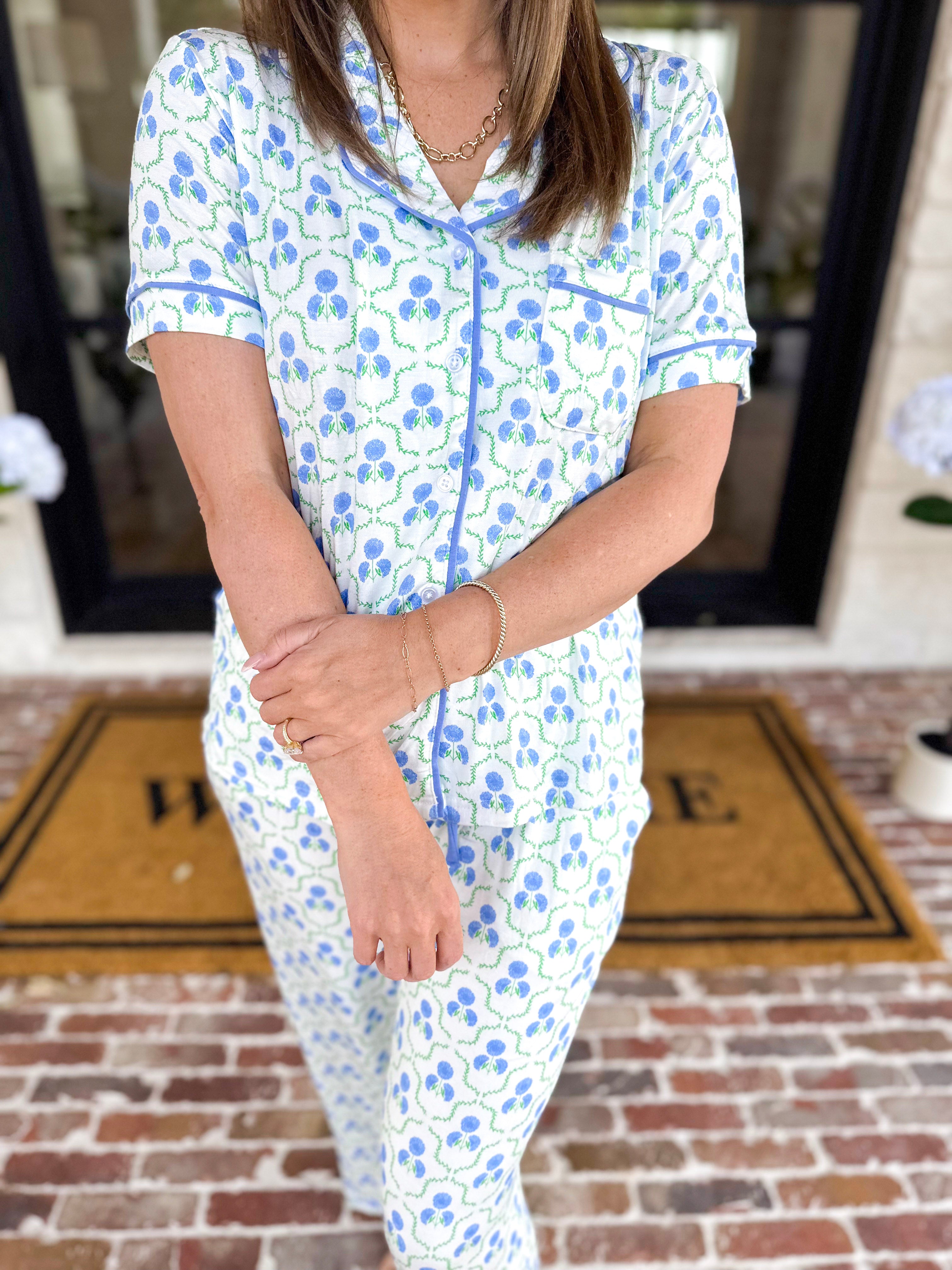 Mary Square - Sweet Blue Lattice PJ Set-300 Athleisure/Lounge-MARY SQUARE-July & June Women's Fashion Boutique Located in San Antonio, Texas