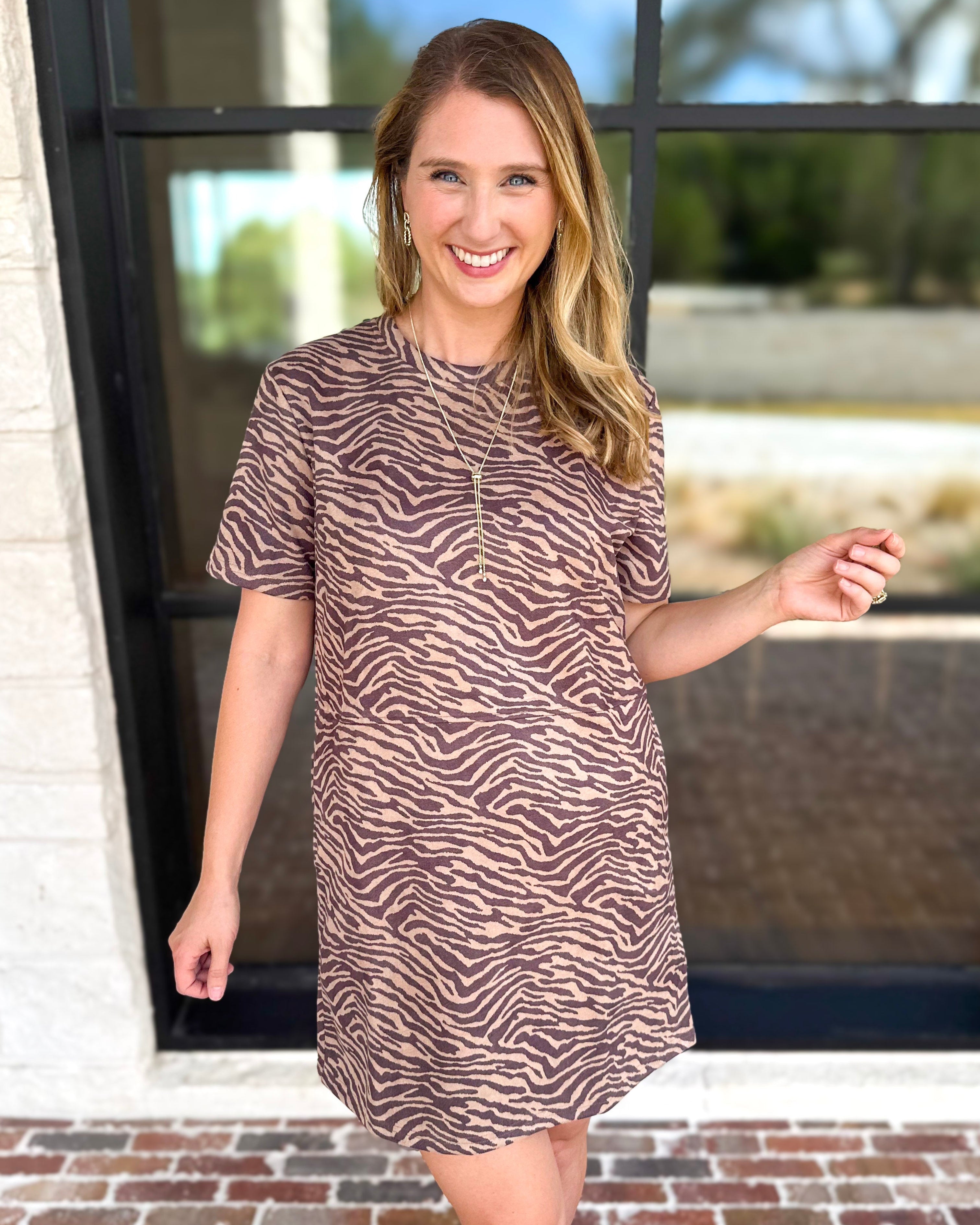 Mocha Zebra Print Mini Dress-510 Mini-FATE-July & June Women's Fashion Boutique Located in San Antonio, Texas