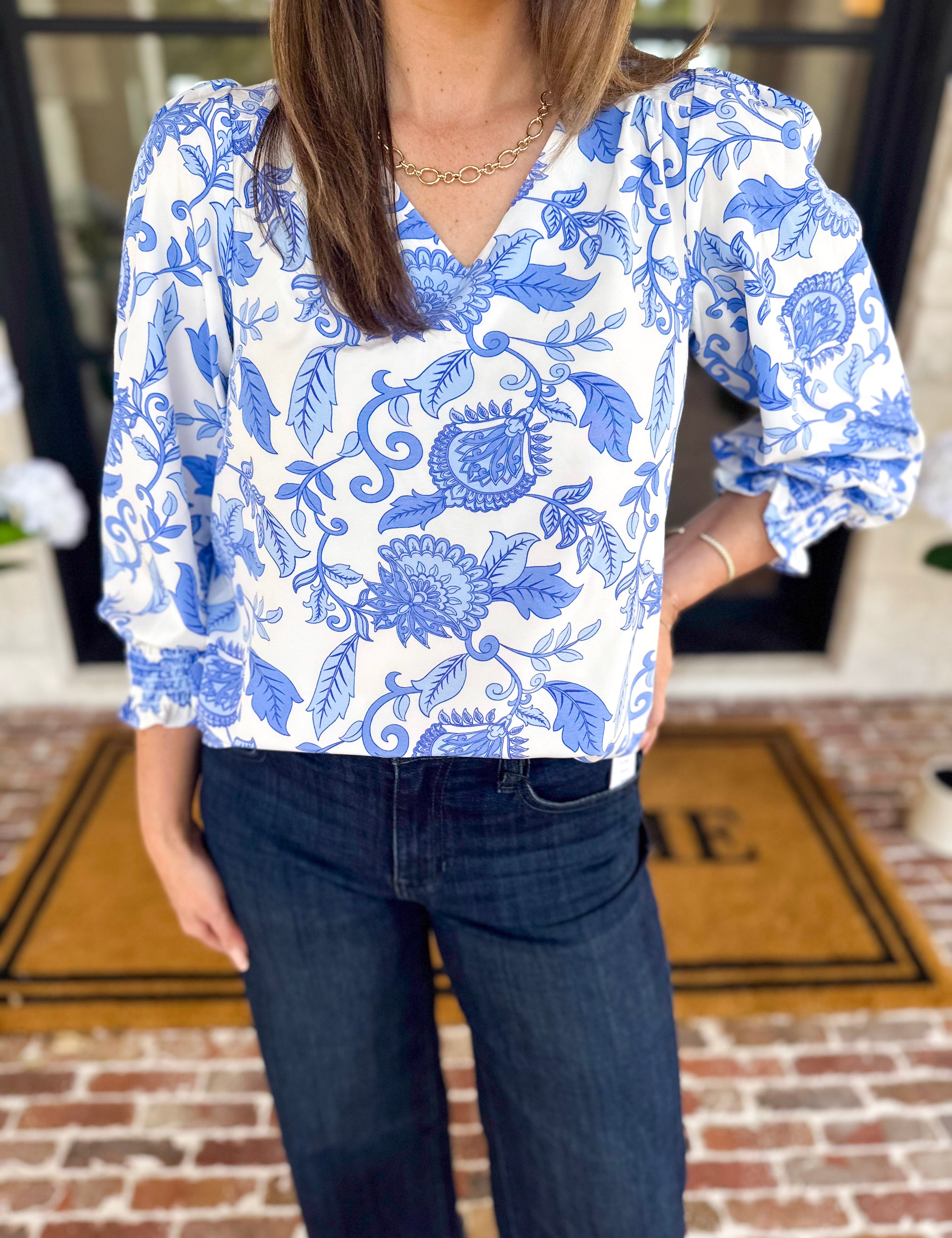 Mary Square - Porcelain Vines Blue Blouse-200 Fashion Blouses-MARY SQUARE-July & June Women's Fashion Boutique Located in San Antonio, Texas