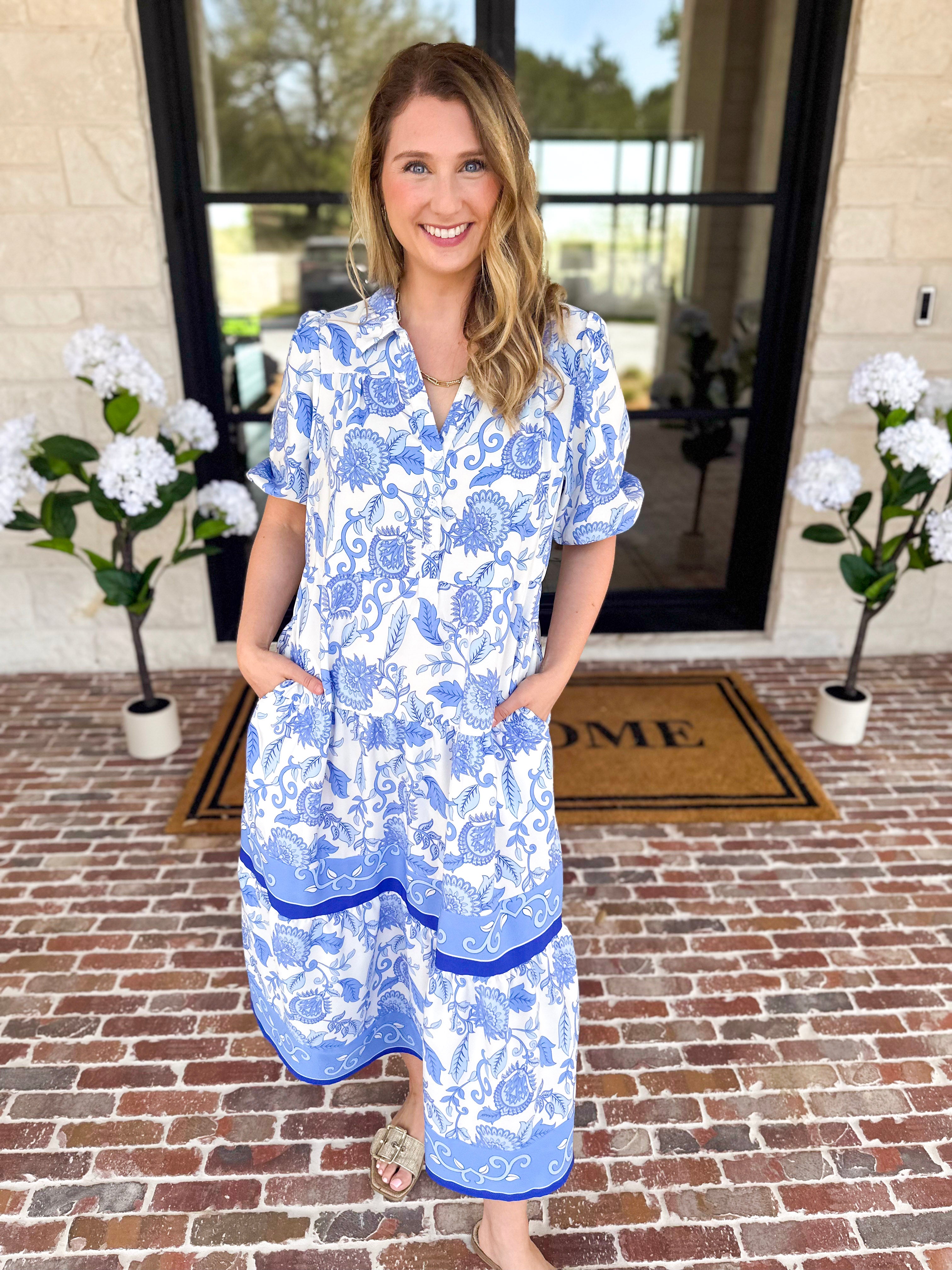 Mary Square - Porcelain Vines Midi Dress-500 Midi-MARY SQUARE-July & June Women's Fashion Boutique Located in San Antonio, Texas