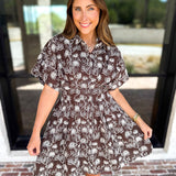 Mocha Floral Cinched Mini Dress-510 Mini-FATE-July & June Women's Fashion Boutique Located in San Antonio, Texas