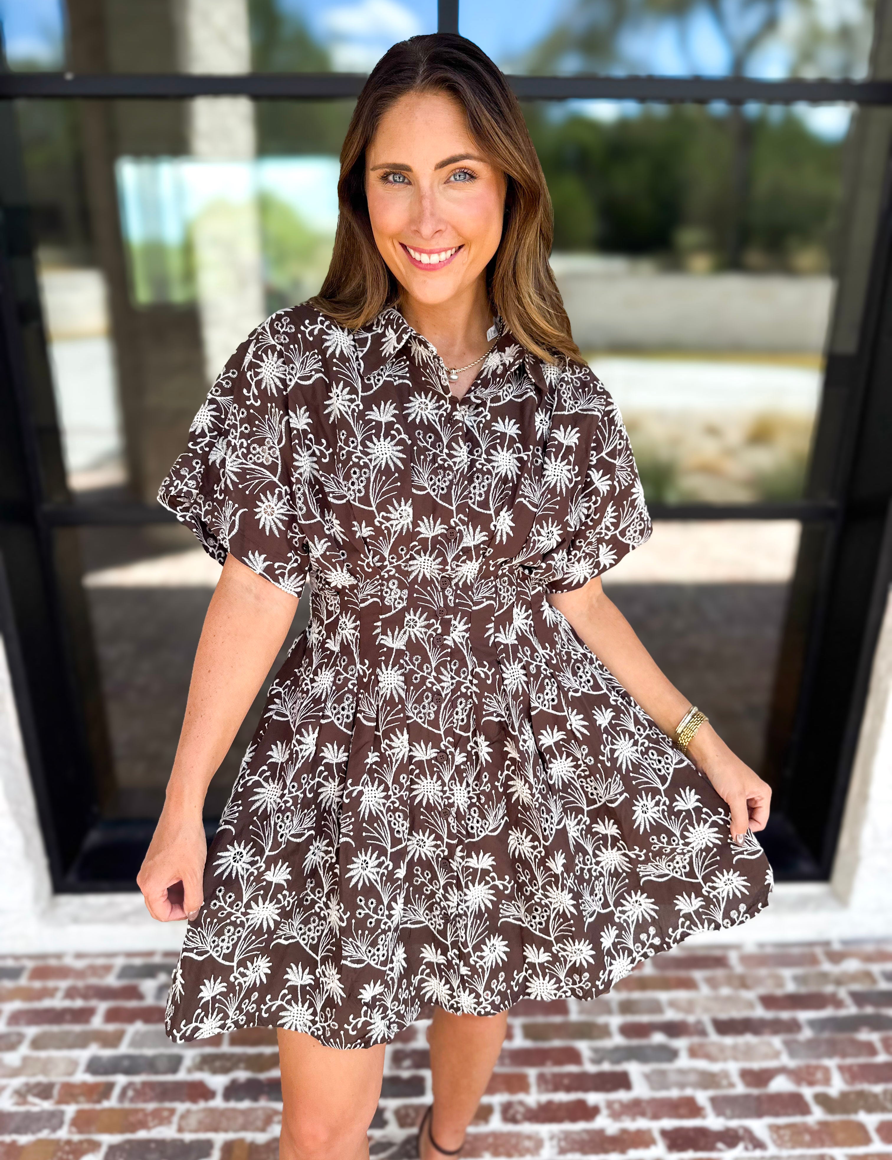Mocha Floral Cinched Mini Dress-510 Mini-FATE-July & June Women's Fashion Boutique Located in San Antonio, Texas