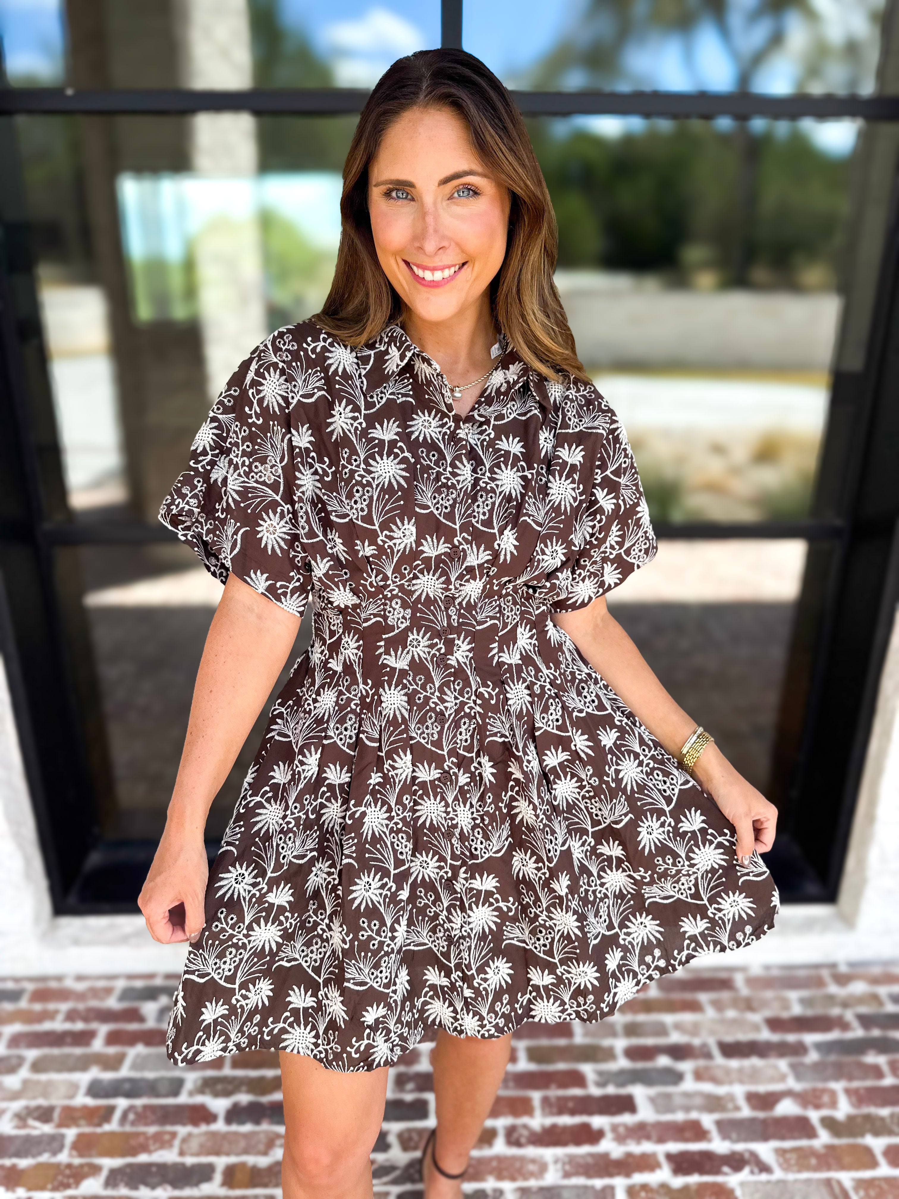 Mocha Floral Cinched Mini Dress-510 Mini-FATE-July & June Women's Fashion Boutique Located in San Antonio, Texas