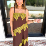 Colette Feminine Lace Midi Dress - Brown & Chartreuse-500 Midi-TCEC-July & June Women's Fashion Boutique Located in San Antonio, Texas