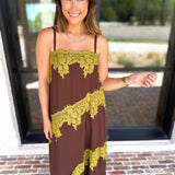 Colette Feminine Lace Midi Dress - Brown & Chartreuse-500 Midi-TCEC-July & June Women's Fashion Boutique Located in San Antonio, Texas