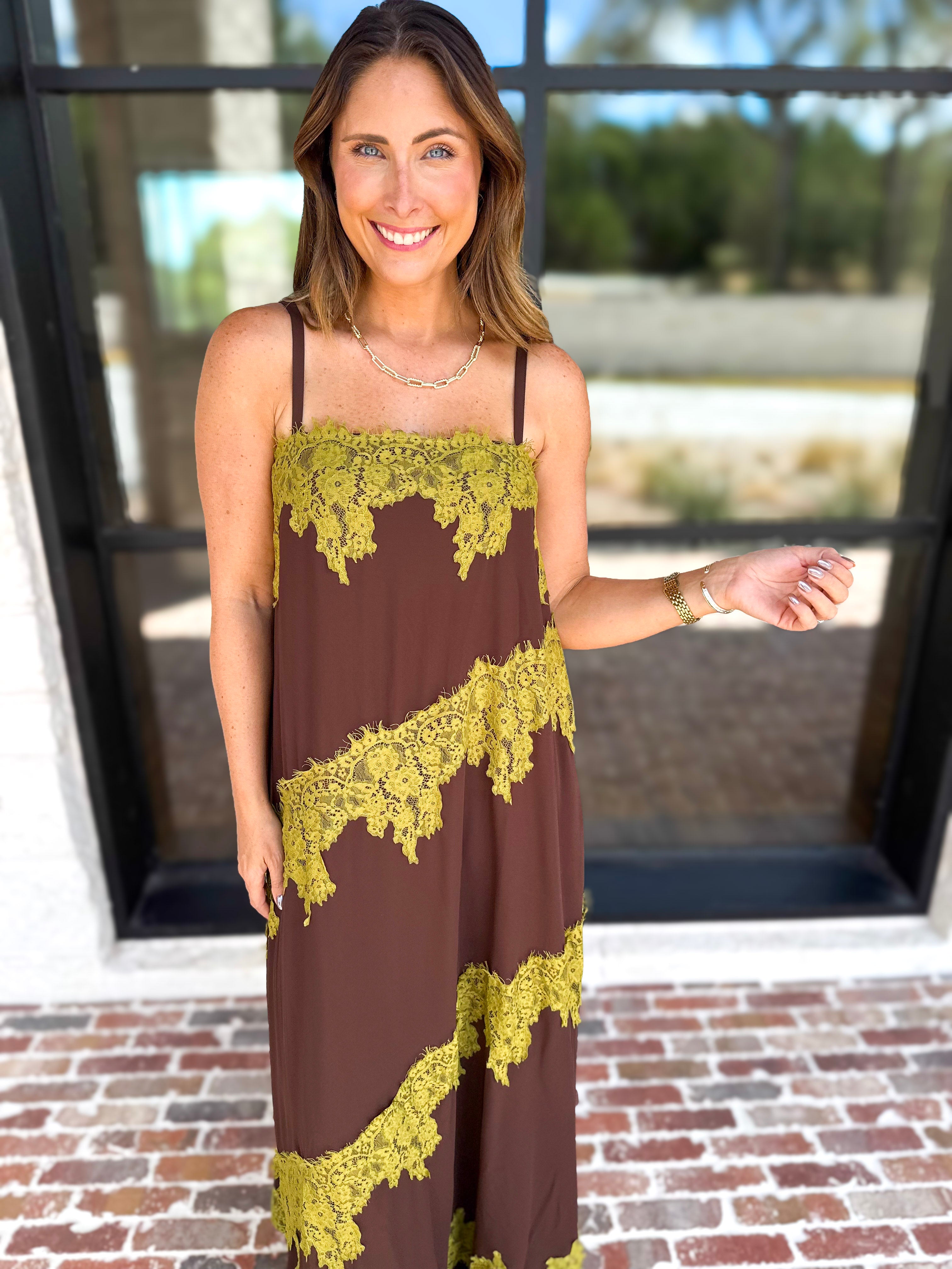 Colette Feminine Lace Midi Dress - Brown & Chartreuse-500 Midi-TCEC-July & June Women's Fashion Boutique Located in San Antonio, Texas
