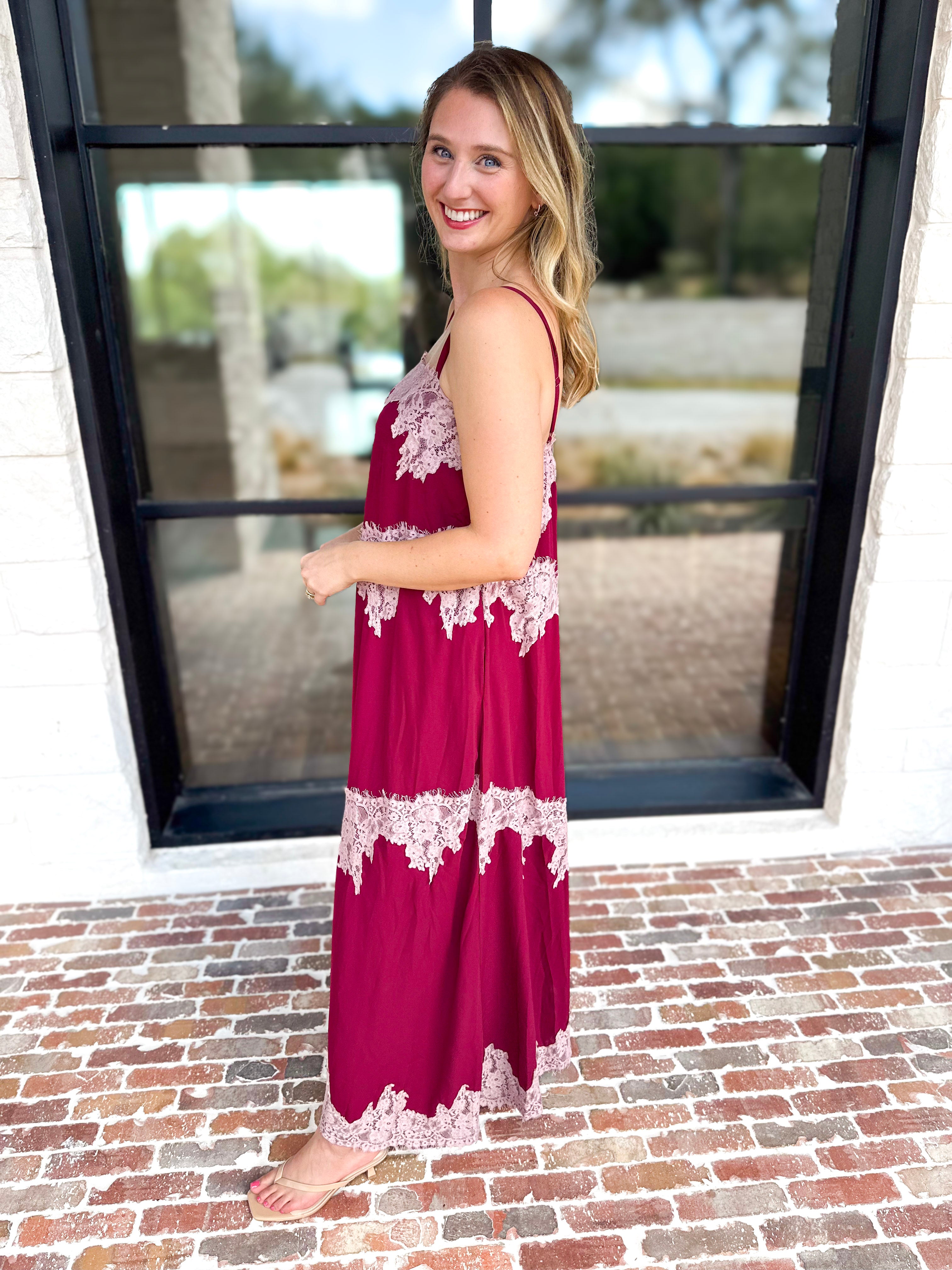 Colette Feminine Lace Midi Dress - Burgundy & Blush-500 Midi-TCEC-July & June Women's Fashion Boutique Located in San Antonio, Texas
