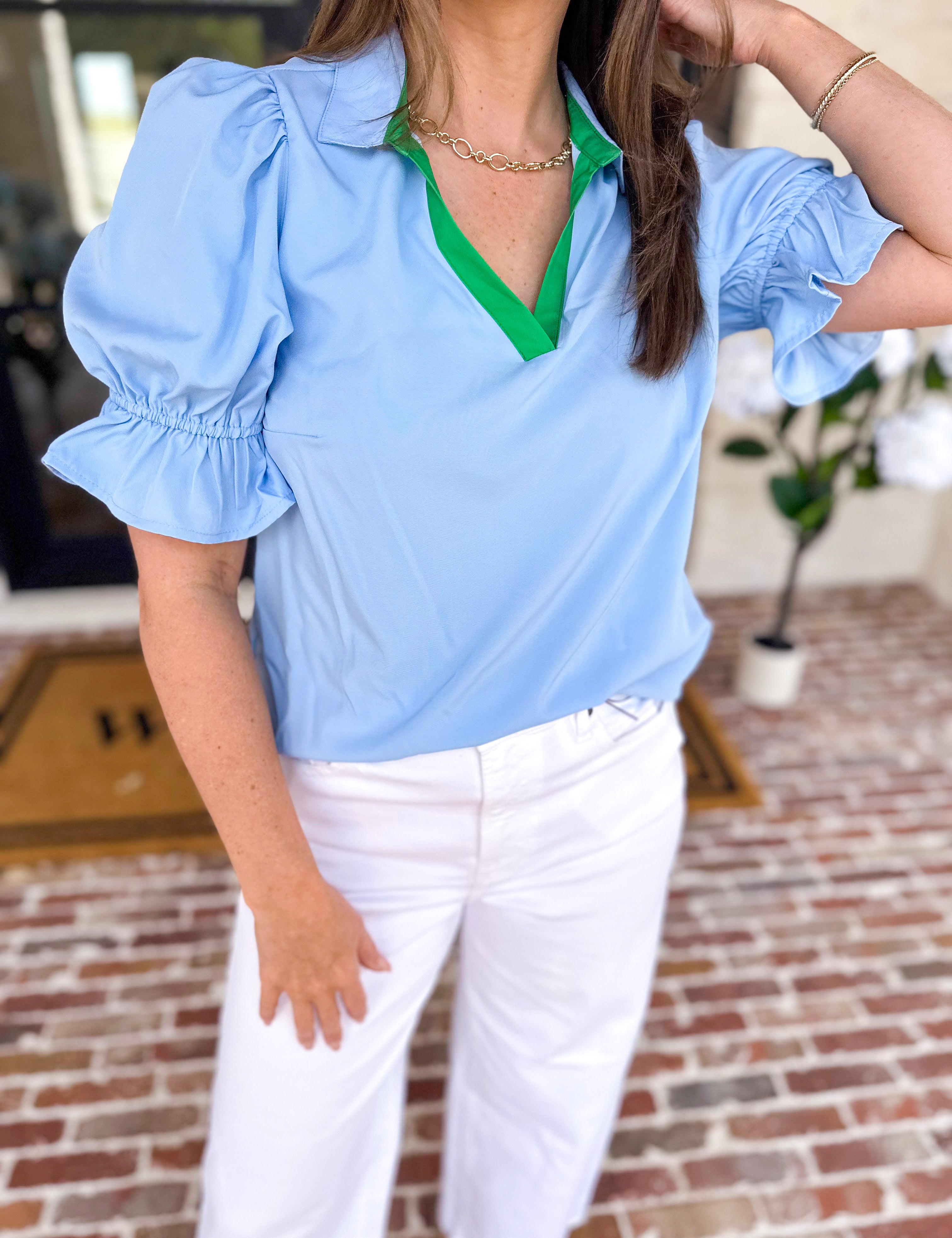 Mary Square - Jessica Blouse - Light Blue-200 Fashion Blouses-MARY SQUARE-July & June Women's Fashion Boutique Located in San Antonio, Texas