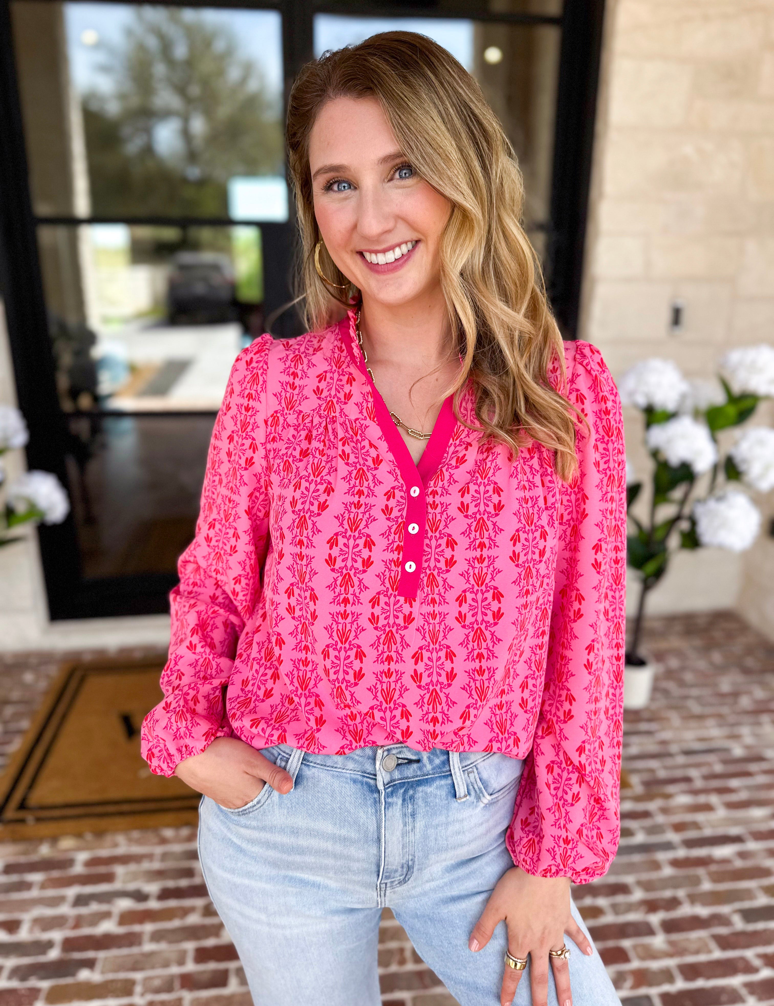 Mary Square - Gianna Heirloom Pink Vine Blouse-200 Fashion Blouses-MARY SQUARE-July & June Women's Fashion Boutique Located in San Antonio, Texas