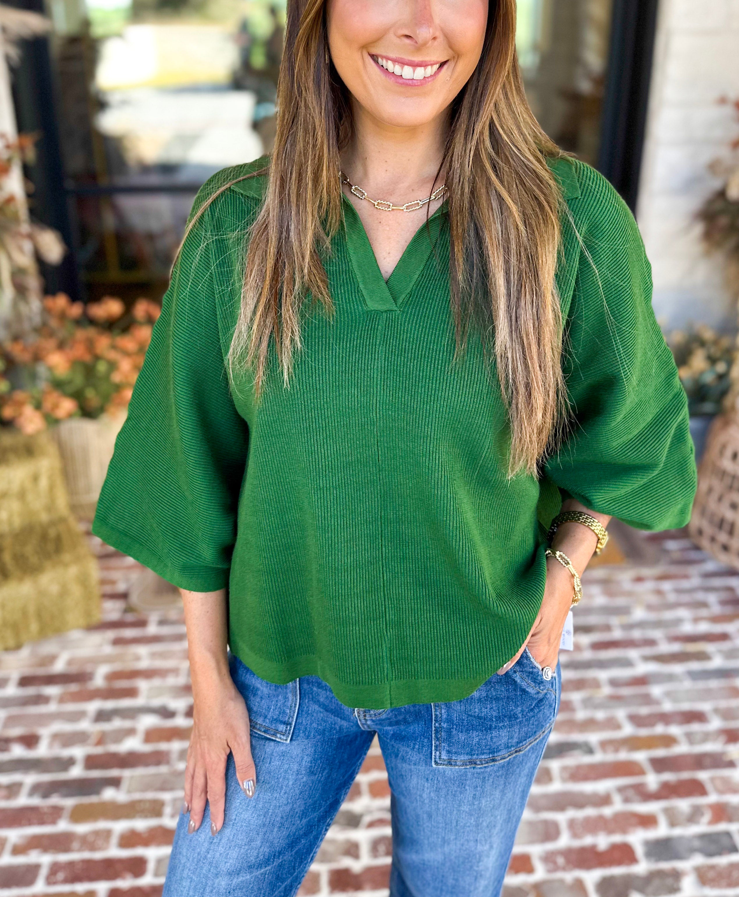 Cozy Collared Oversized Sweater Top - Green-230 Sweaters/Cardis-ENTRO-July & June Women's Fashion Boutique Located in San Antonio, Texas
