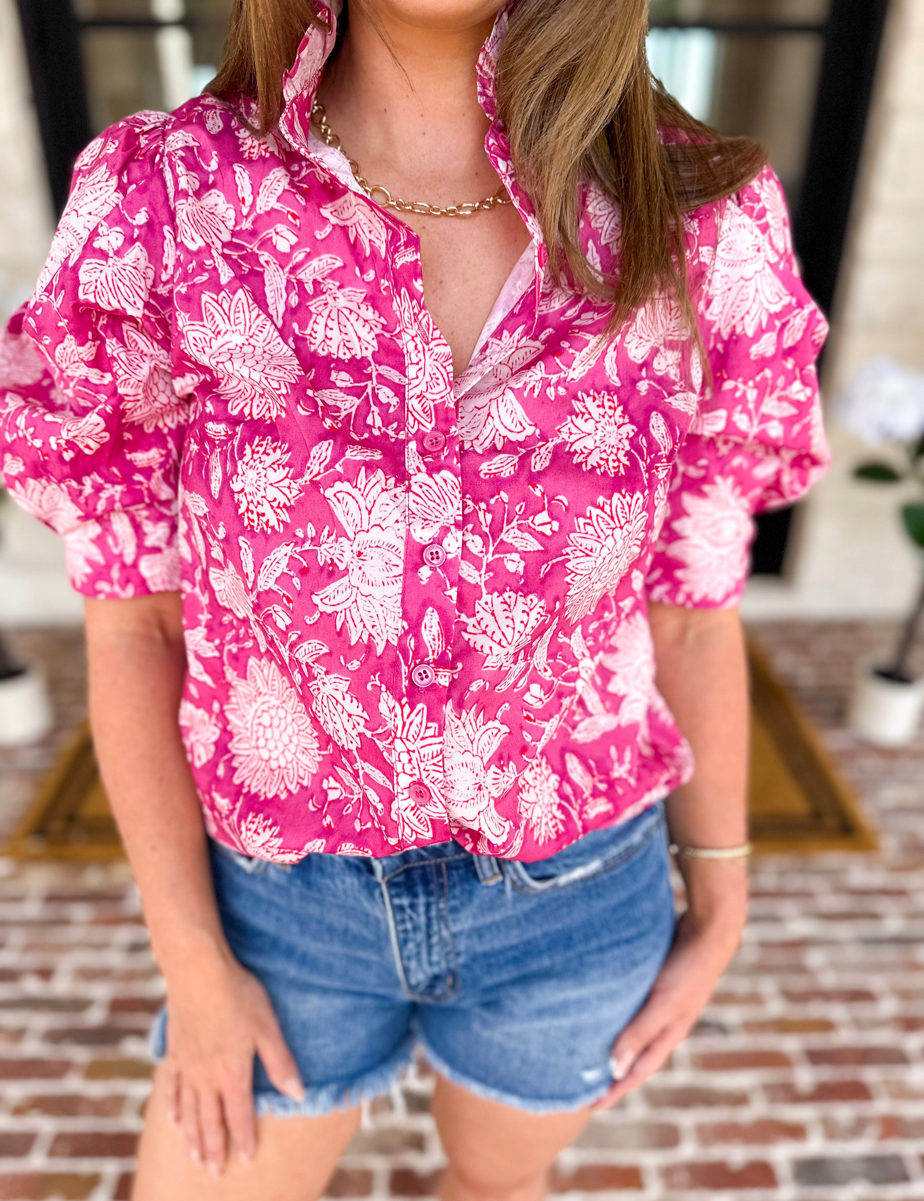 Punchy Pink Floral Blouse-200 Fashion Blouses-FATE-July & June Women's Fashion Boutique Located in San Antonio, Texas