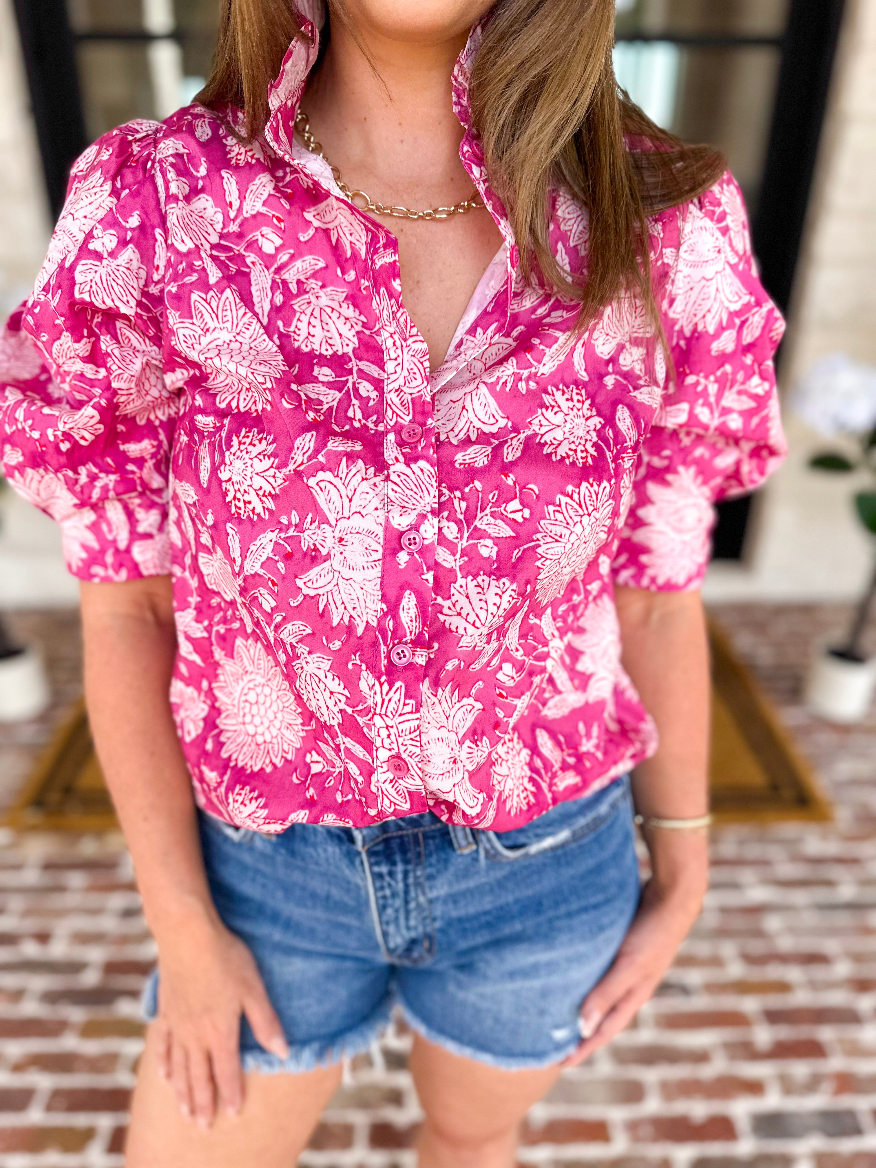 Punchy Pink Floral Blouse-200 Fashion Blouses-FATE-July & June Women's Fashion Boutique Located in San Antonio, Texas