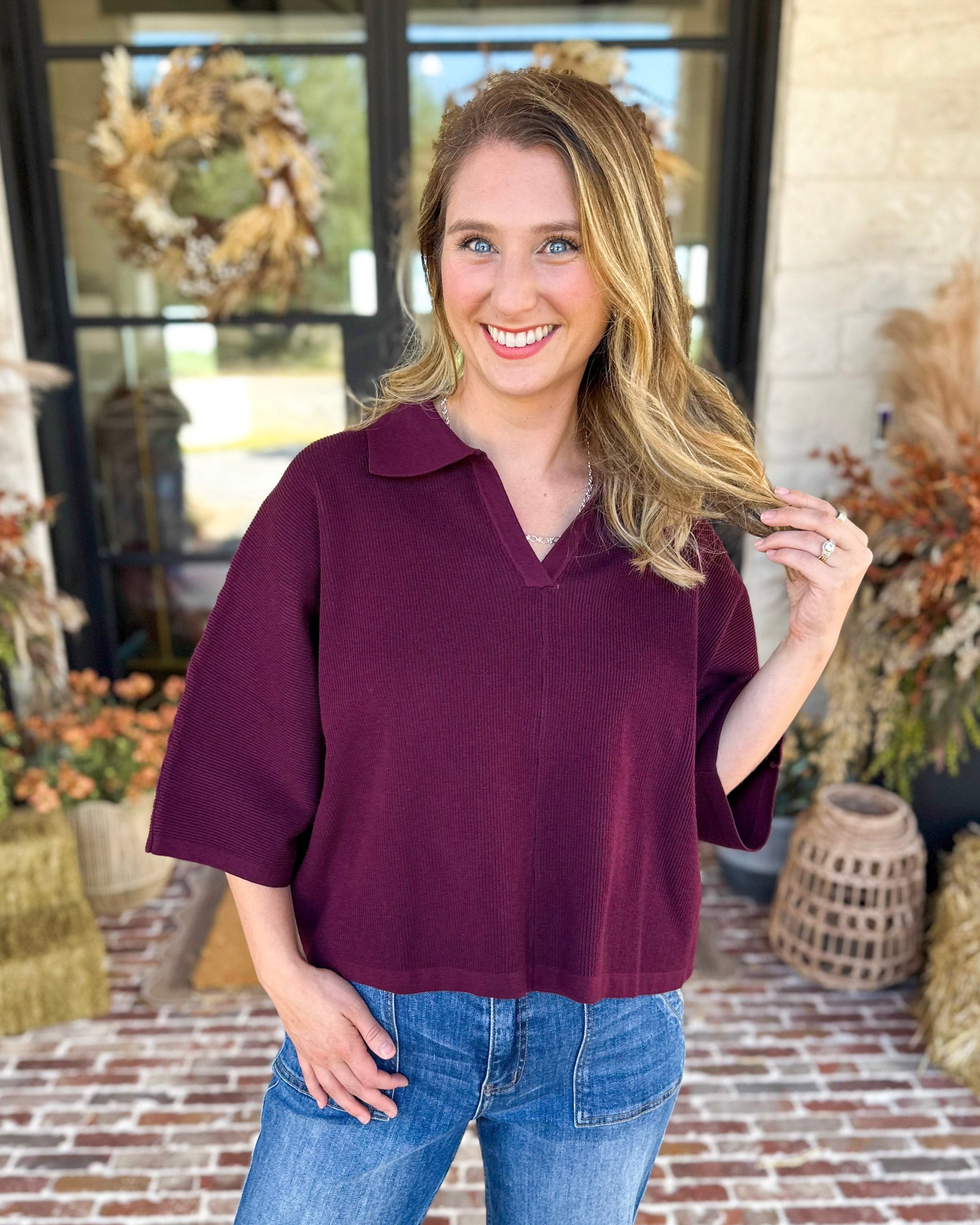 Cozy Collared Oversized Sweater Top - Merlot-230 Sweaters/Cardis-ENTRO-July & June Women's Fashion Boutique Located in San Antonio, Texas