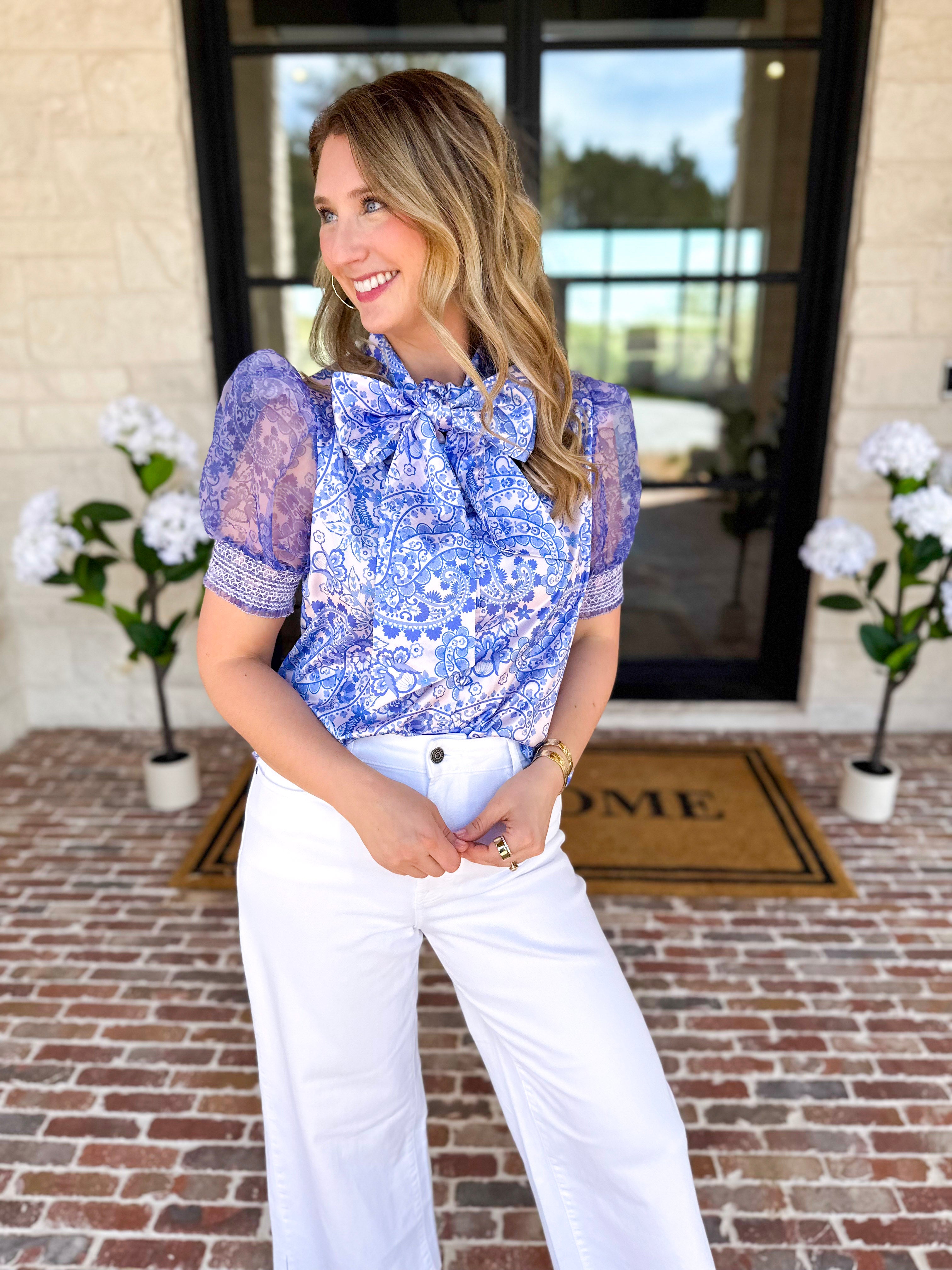 Blue Paisley Blouse-200 Fashion Blouses-FATE-July & June Women's Fashion Boutique Located in San Antonio, Texas