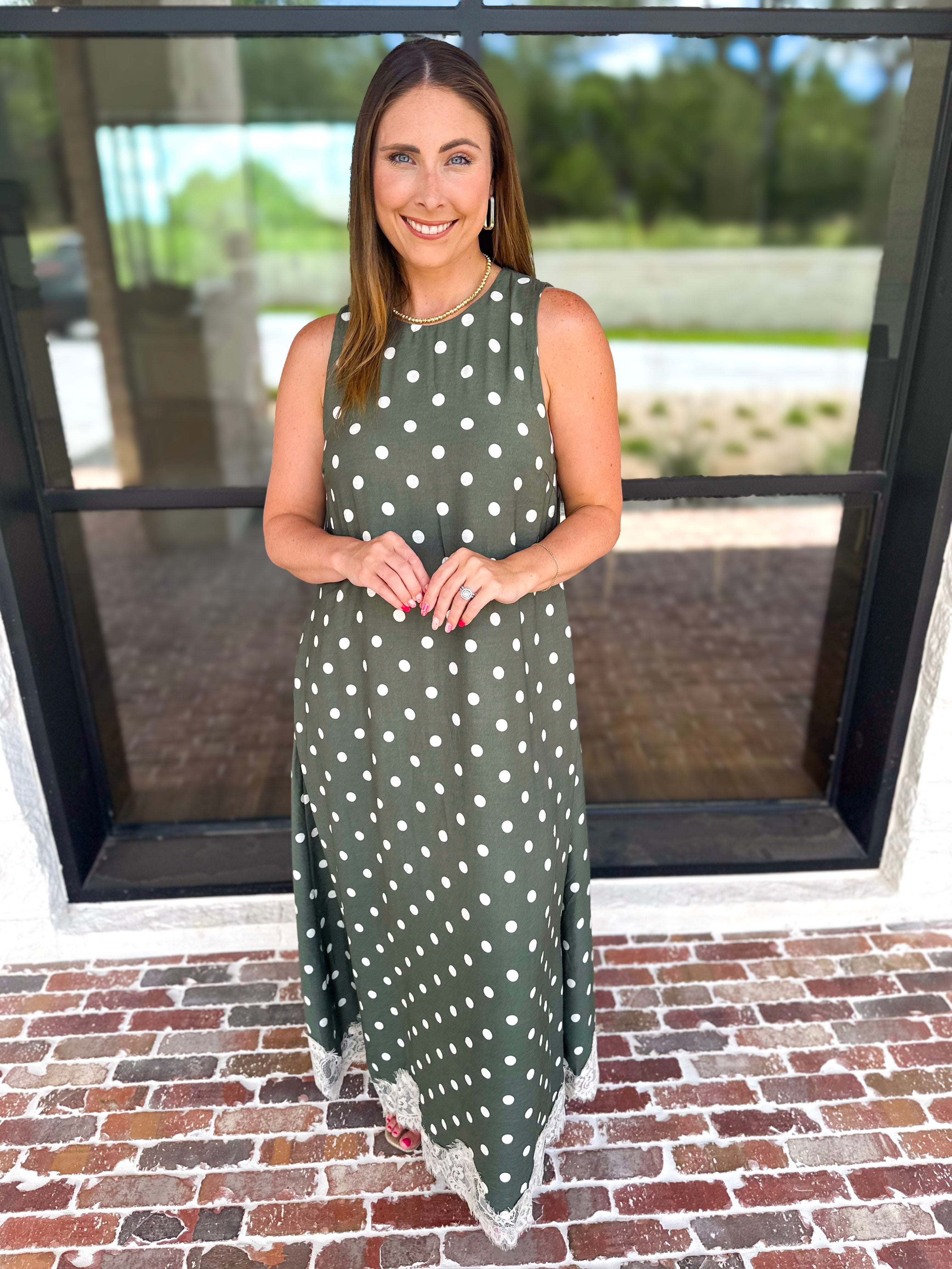 Effortless Polka Dot Midi Dress - Olive-500 Midi-ENTRO-July & June Women's Fashion Boutique Located in San Antonio, Texas