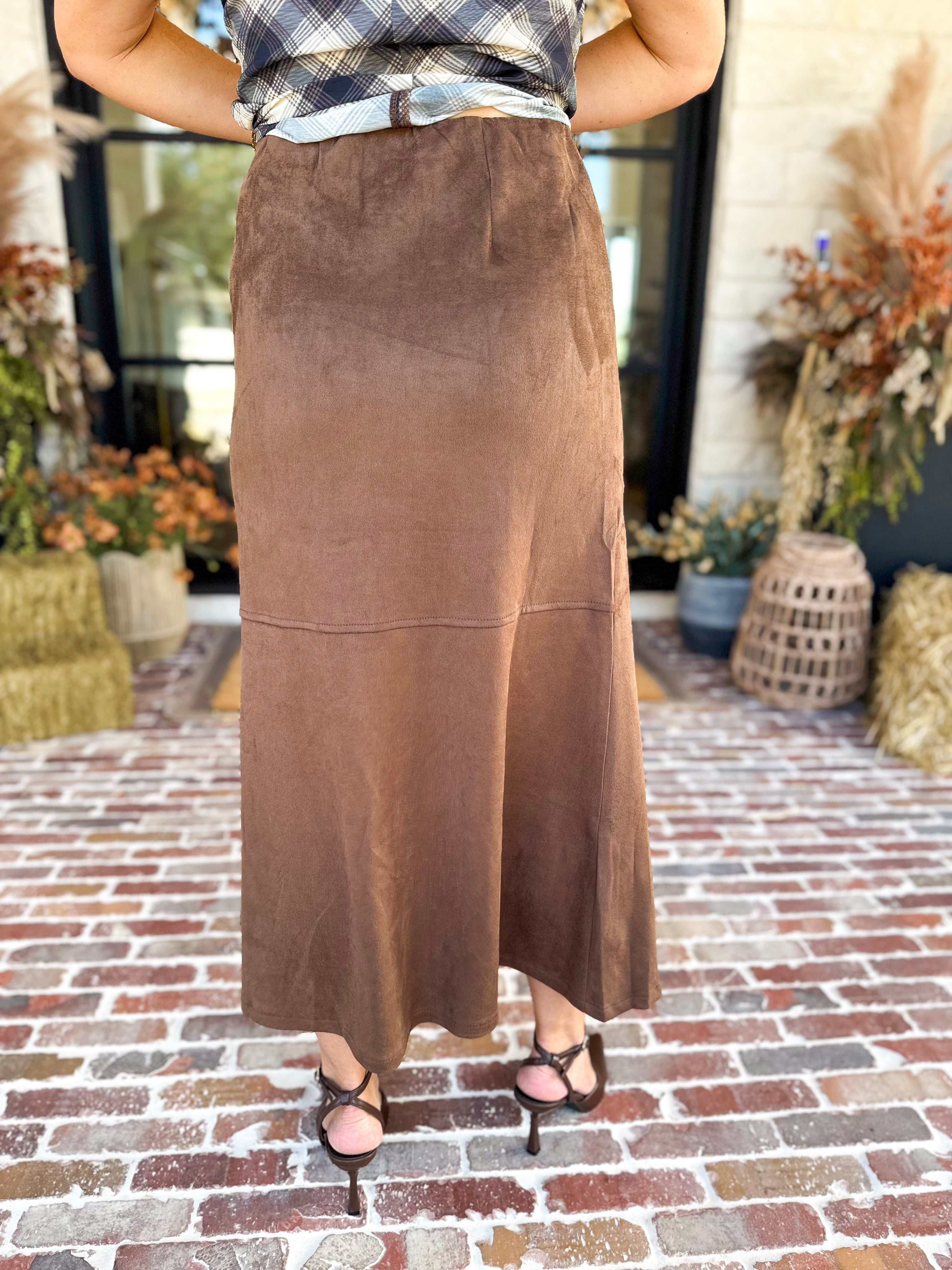 Suede Midi Skirt - Brown-410 Shorts/Skirts-STYLE USA-July & June Women's Fashion Boutique Located in San Antonio, Texas