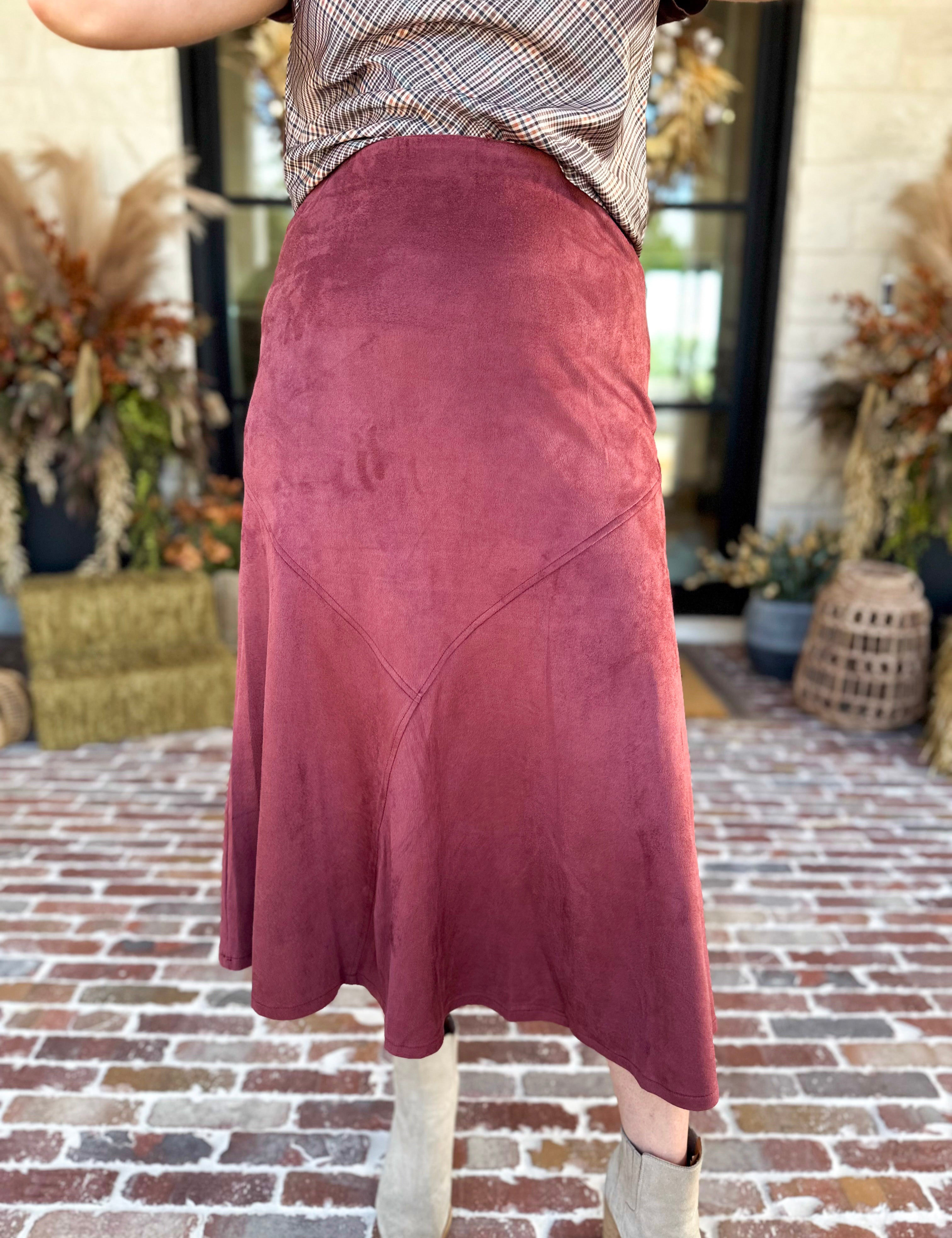 Suede Midi Skirt - Maroon-410 Shorts/Skirts-STYLE USA-July & June Women's Fashion Boutique Located in San Antonio, Texas