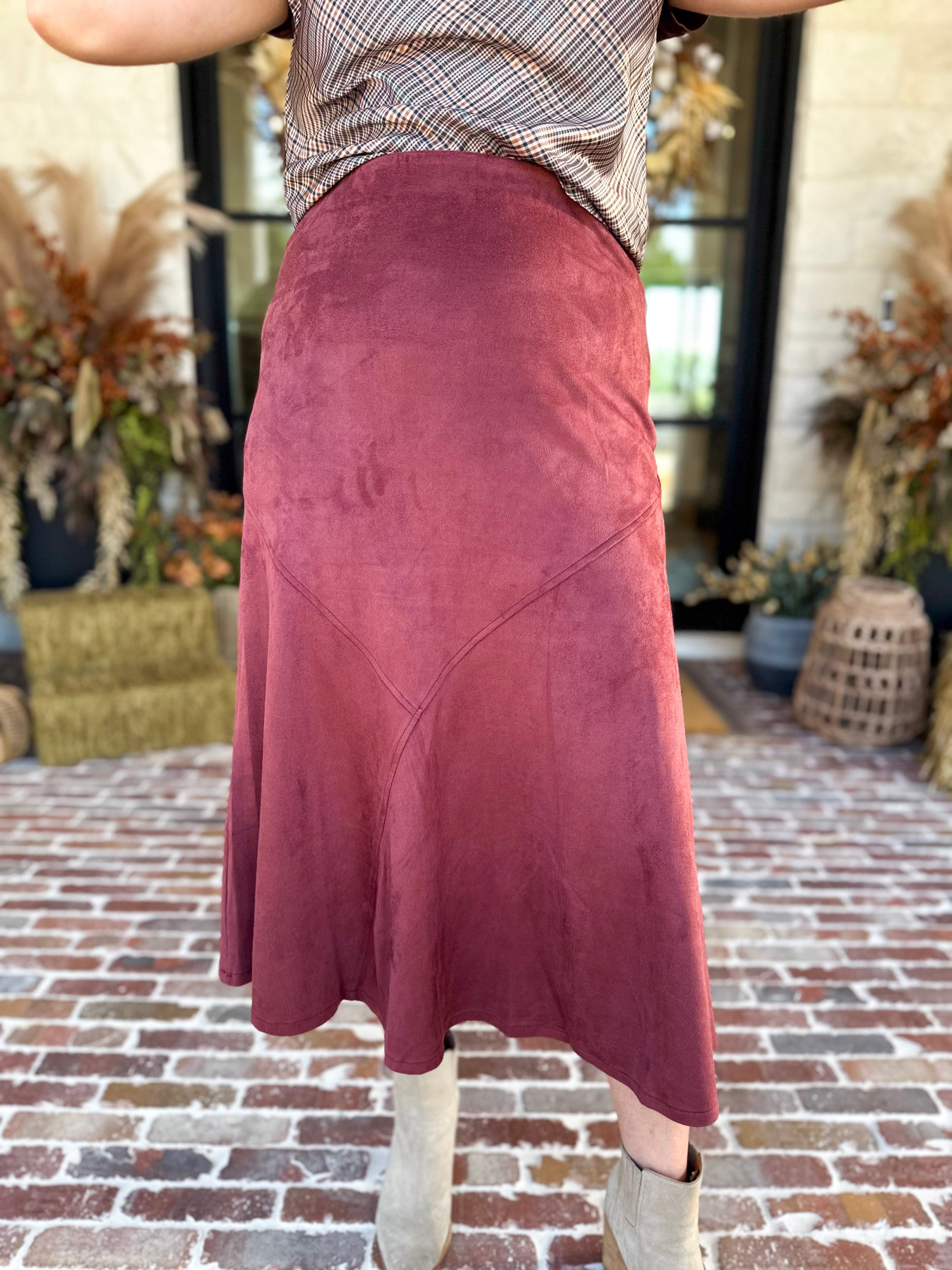 Suede Midi Skirt - Maroon-410 Shorts/Skirts-STYLE USA-July & June Women's Fashion Boutique Located in San Antonio, Texas