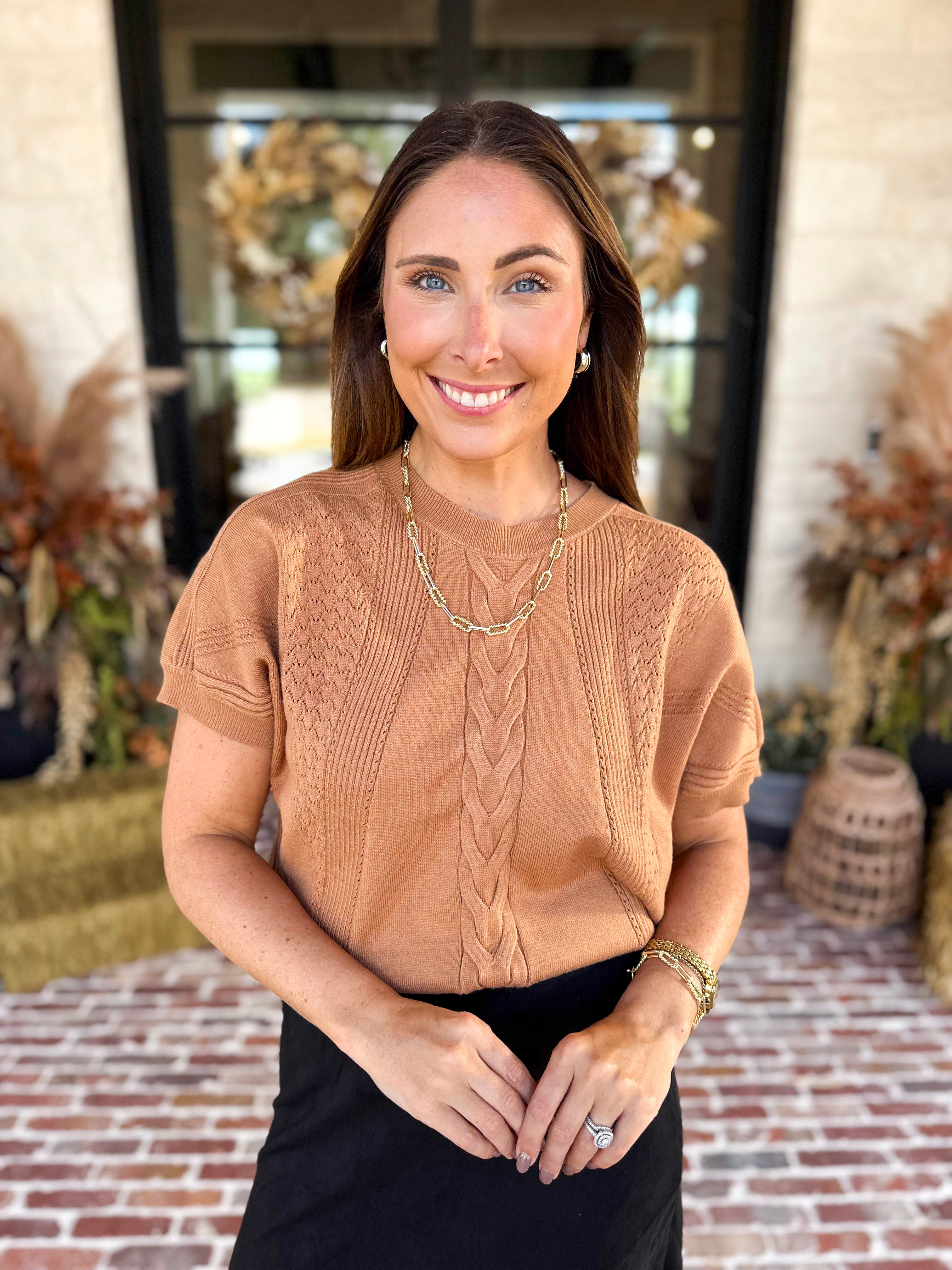 Lightweight Cable Knit Sweater - Tan-230 Sweaters/Cardis-FATE-July & June Women's Fashion Boutique Located in San Antonio, Texas