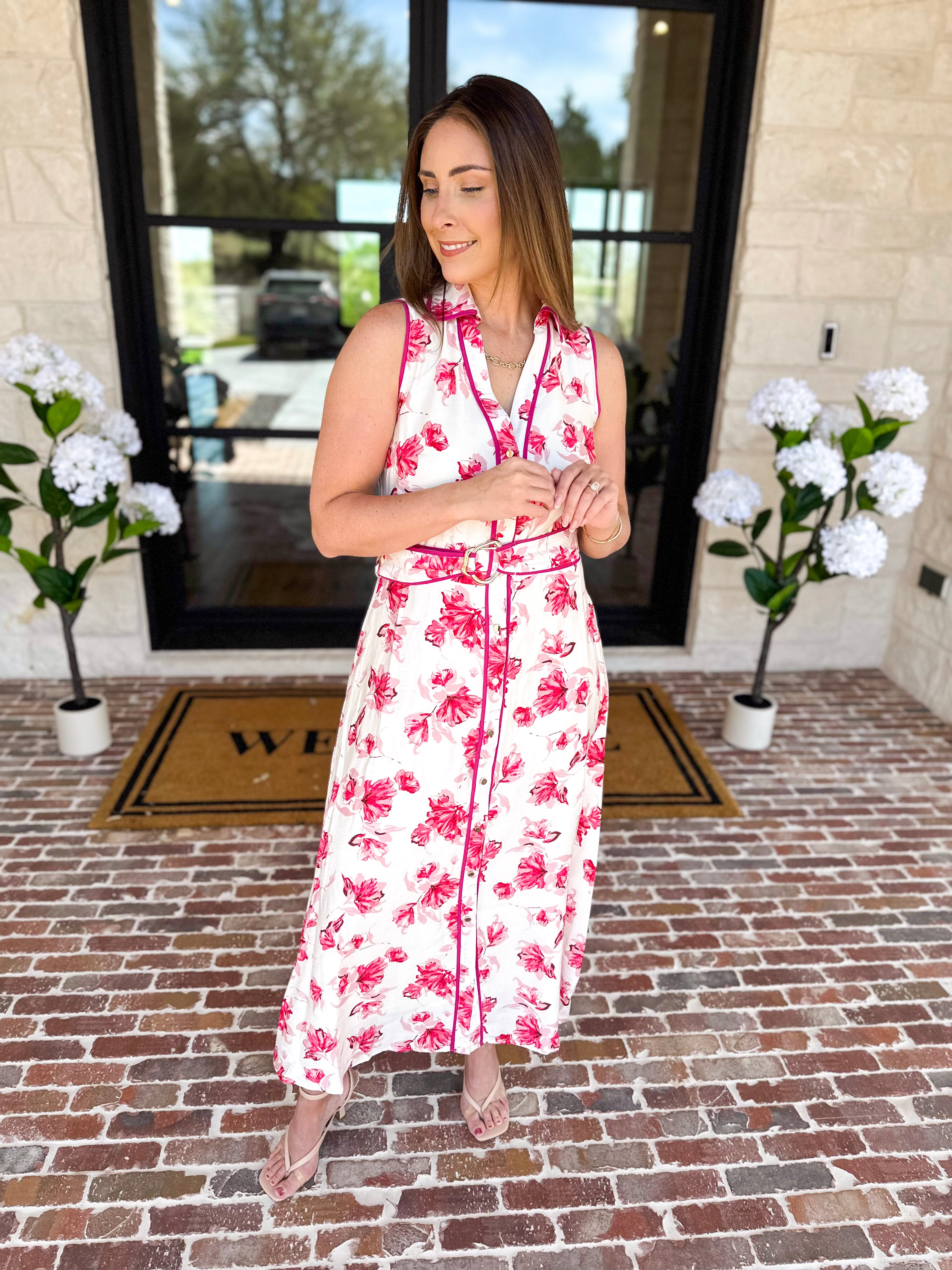 Vibrant Pink Floral Midi Dress-500 Midi-IN FEBRUARY-July & June Women's Fashion Boutique Located in San Antonio, Texas