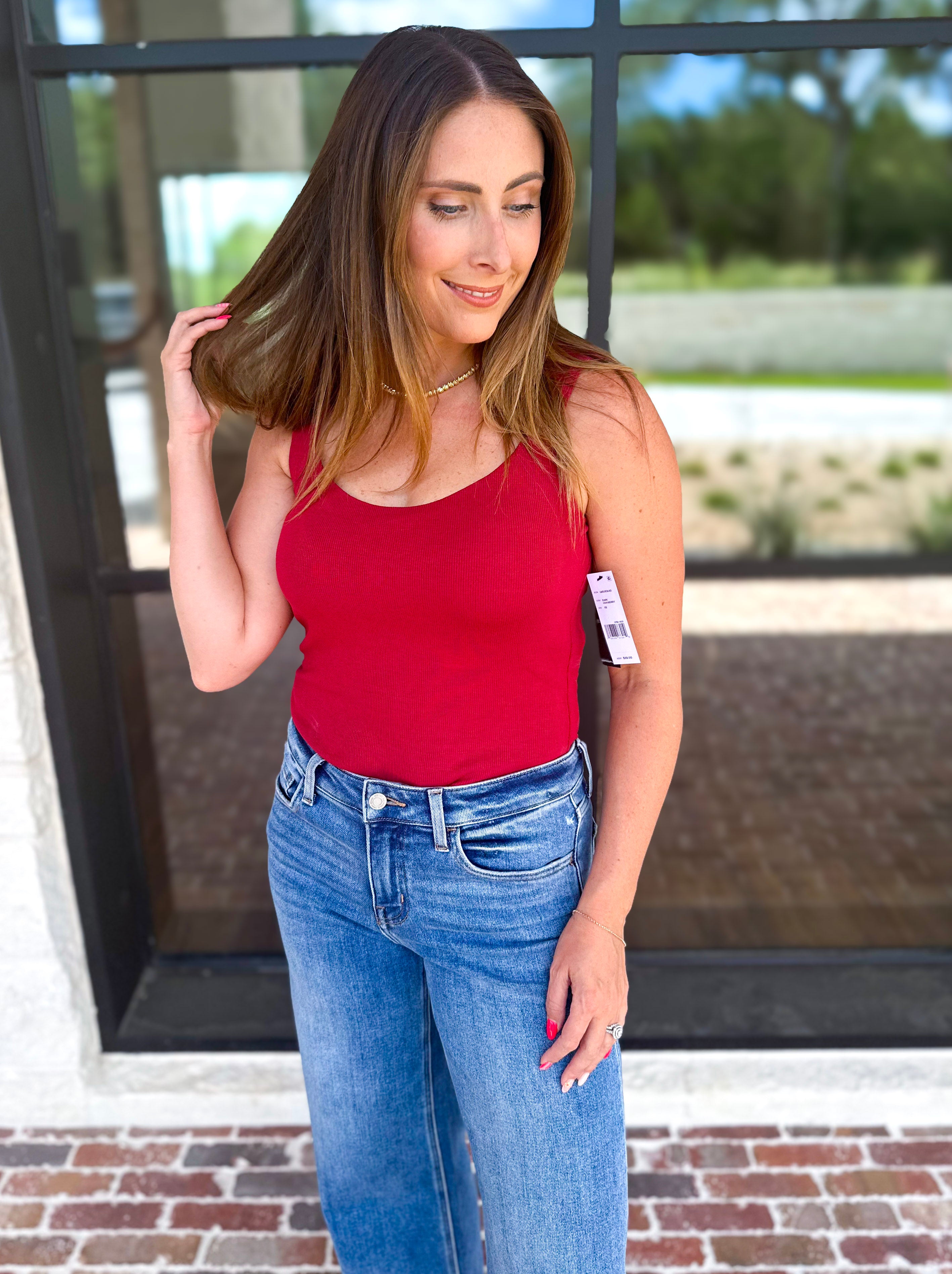 Liverpool - The Signature Scoop Neck Tank - Cranberry-210 Casual Blouses-LIVERPOOL JEANS COMPANY-July & June Women's Fashion Boutique Located in San Antonio, Texas