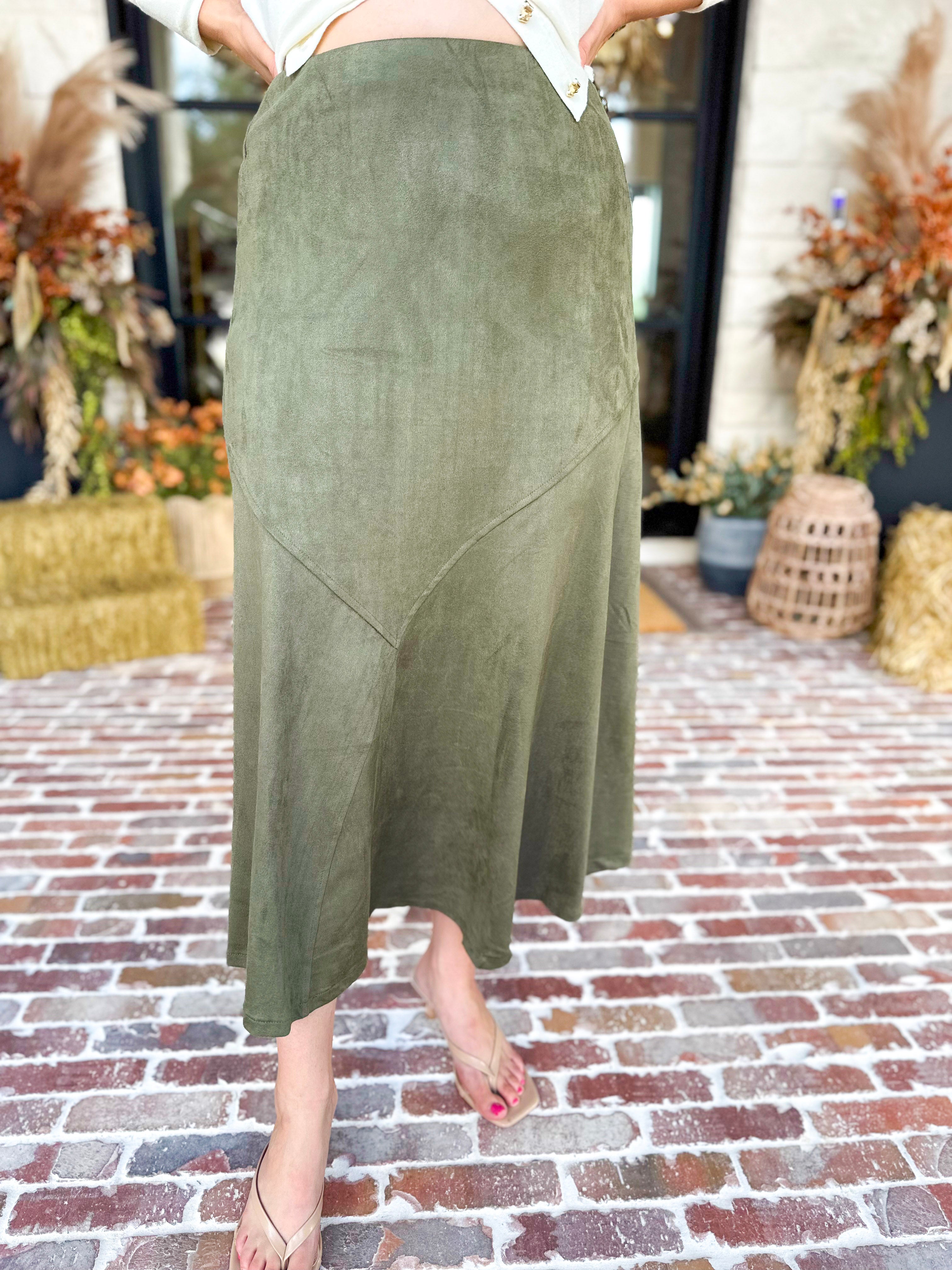 Suede Midi Skirt - Olive-410 Shorts/Skirts-STYLE USA-July & June Women's Fashion Boutique Located in San Antonio, Texas