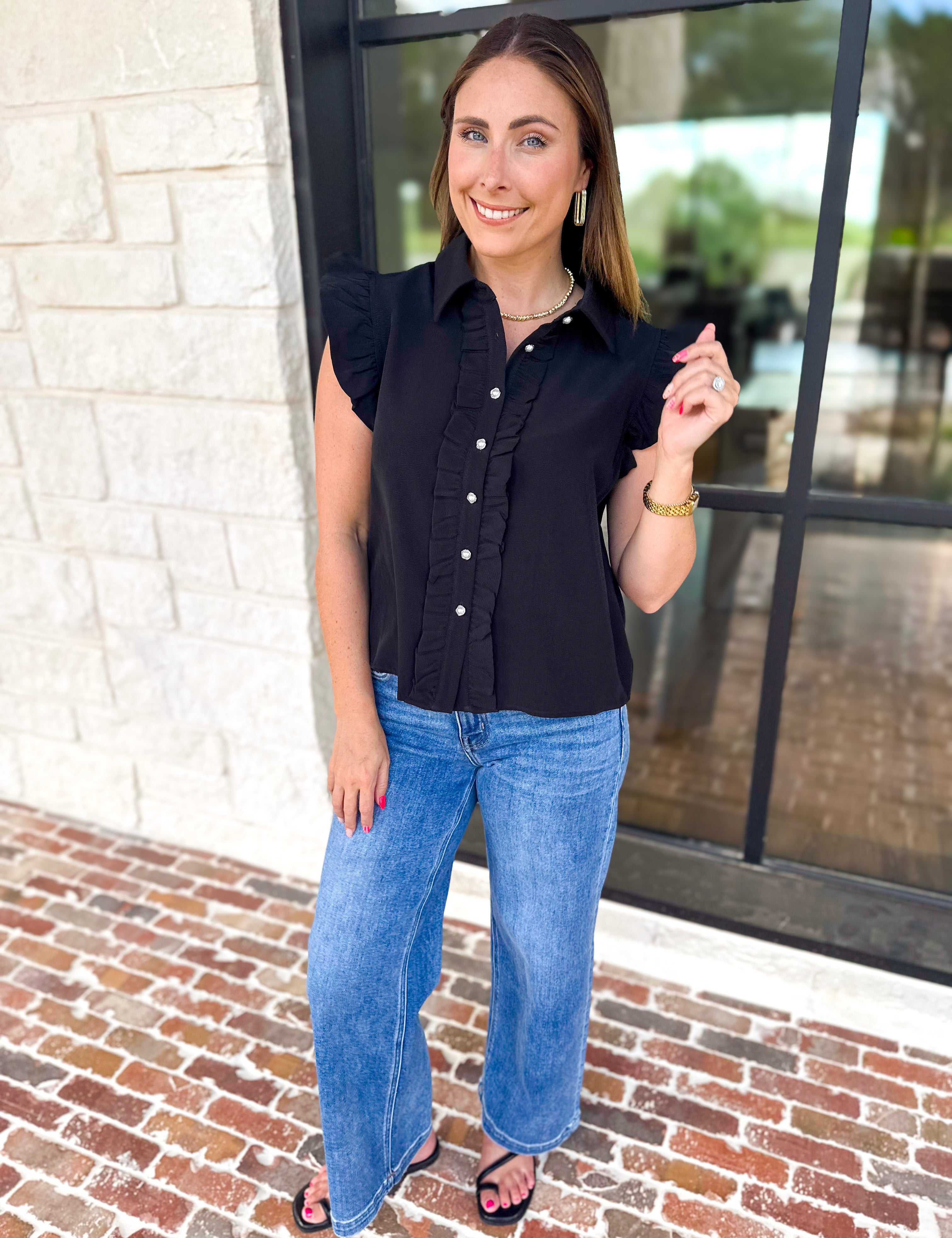 Ruffle & Pearl Detail Button Down Top - Black-200 Fashion Blouses-JODIFL-July & June Women's Fashion Boutique Located in San Antonio, Texas