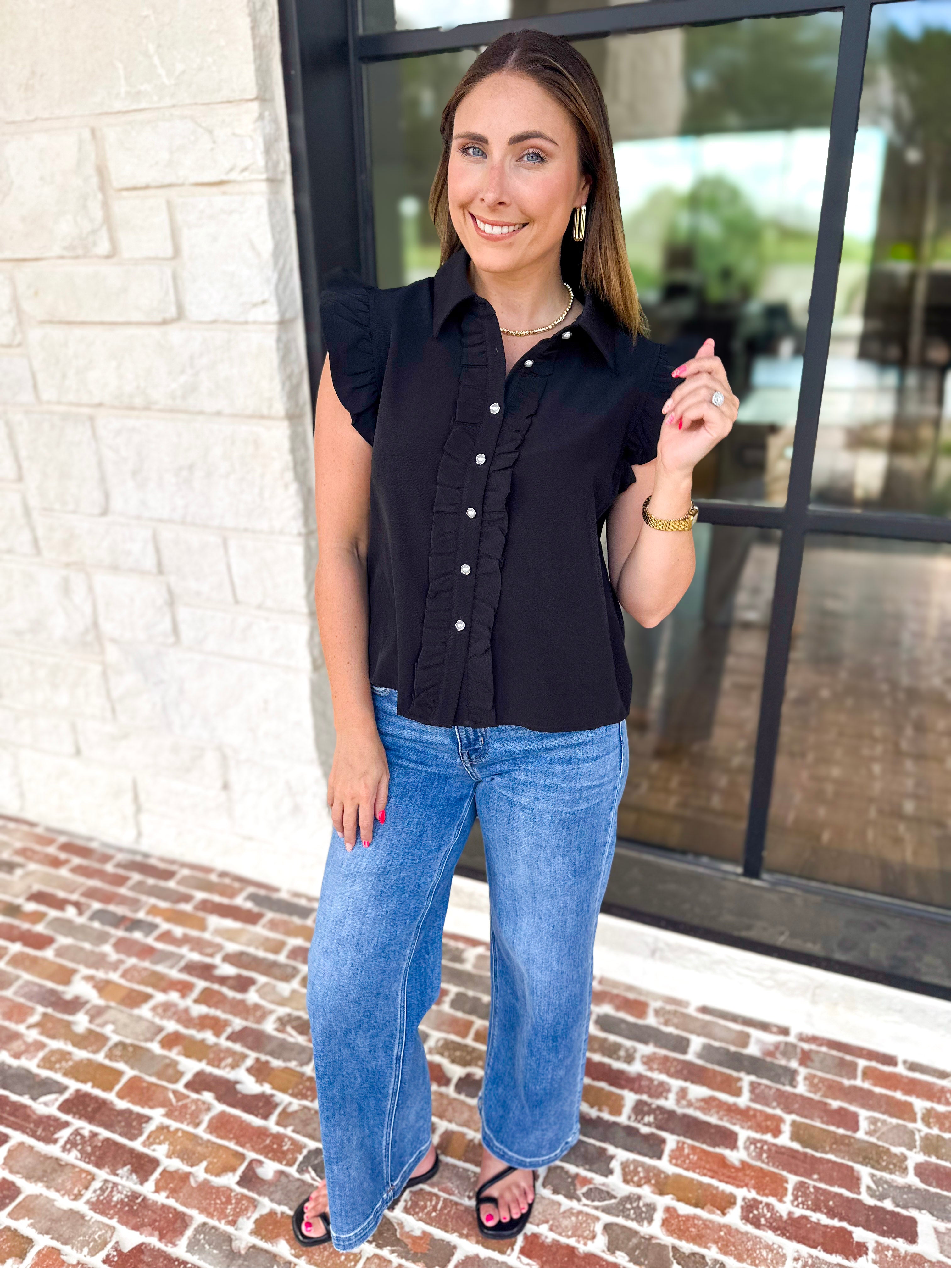 Ruffle & Pearl Detail Button Down Top - Black-200 Fashion Blouses-JODIFL-July & June Women's Fashion Boutique Located in San Antonio, Texas