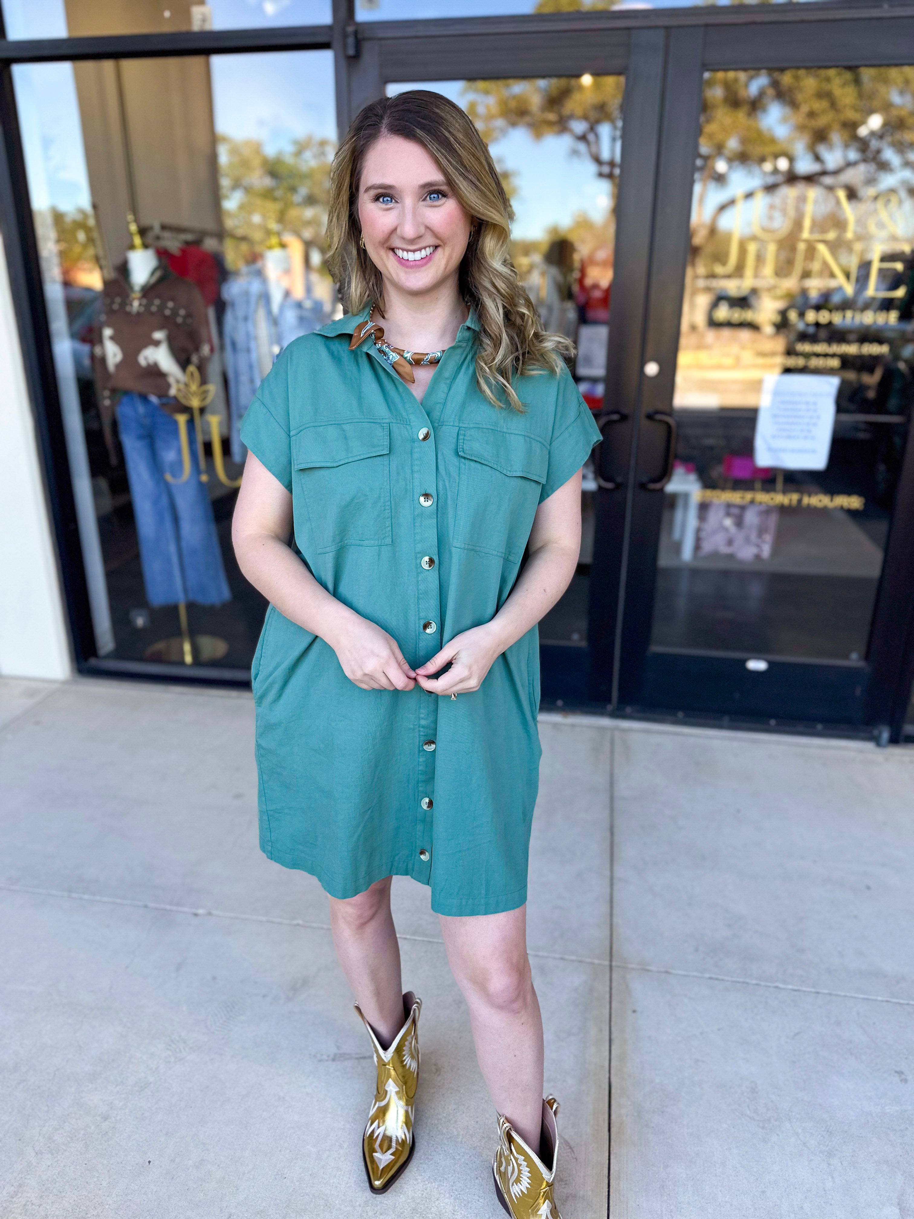 Go-To Utility Mini Dress - Green-510 Mini-IN FEBRUARY-July & June Women's Fashion Boutique Located in San Antonio, Texas