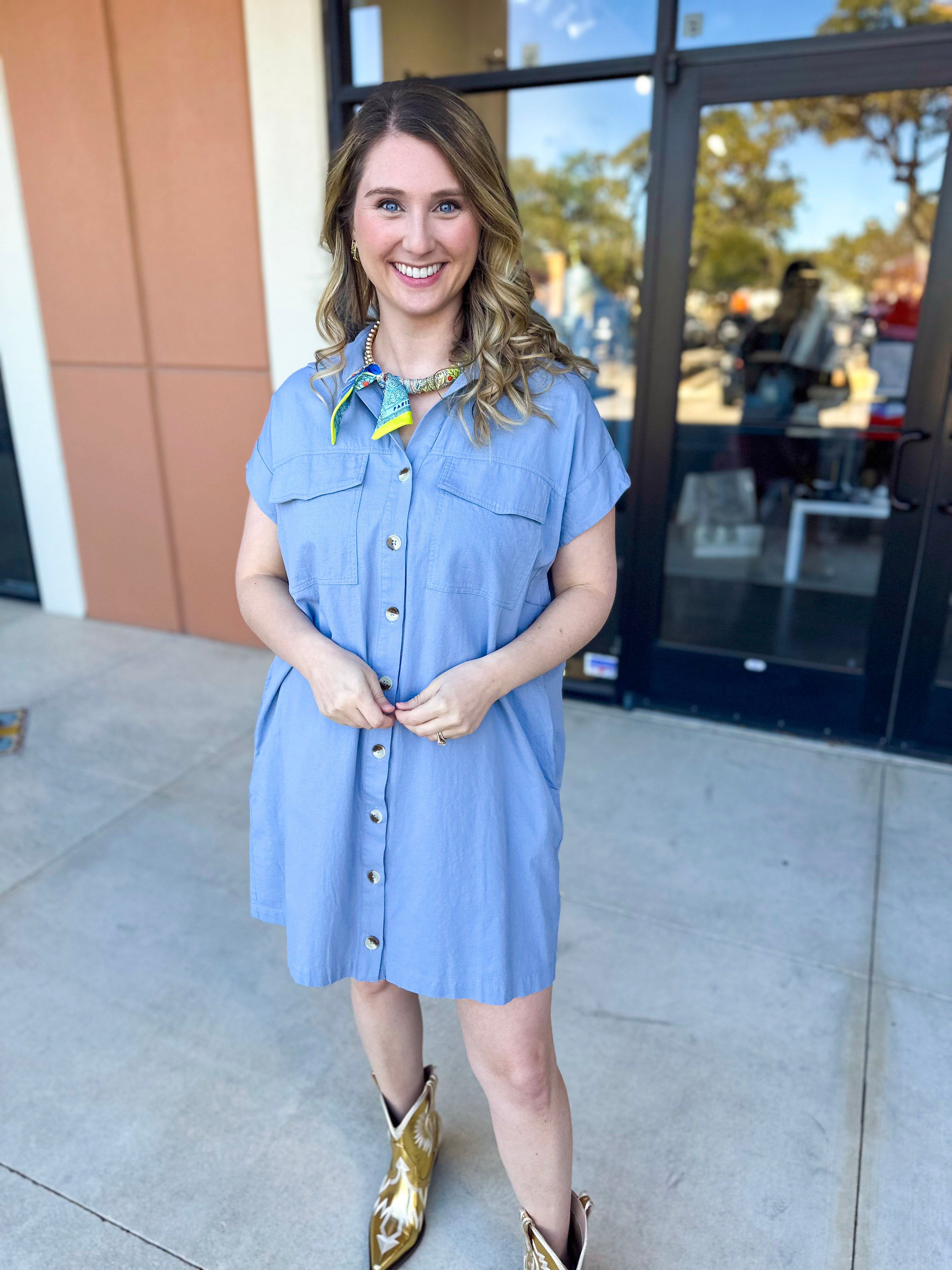 Go-To Utility Mini Dress - Blue-510 Mini-IN FEBRUARY-July & June Women's Fashion Boutique Located in San Antonio, Texas