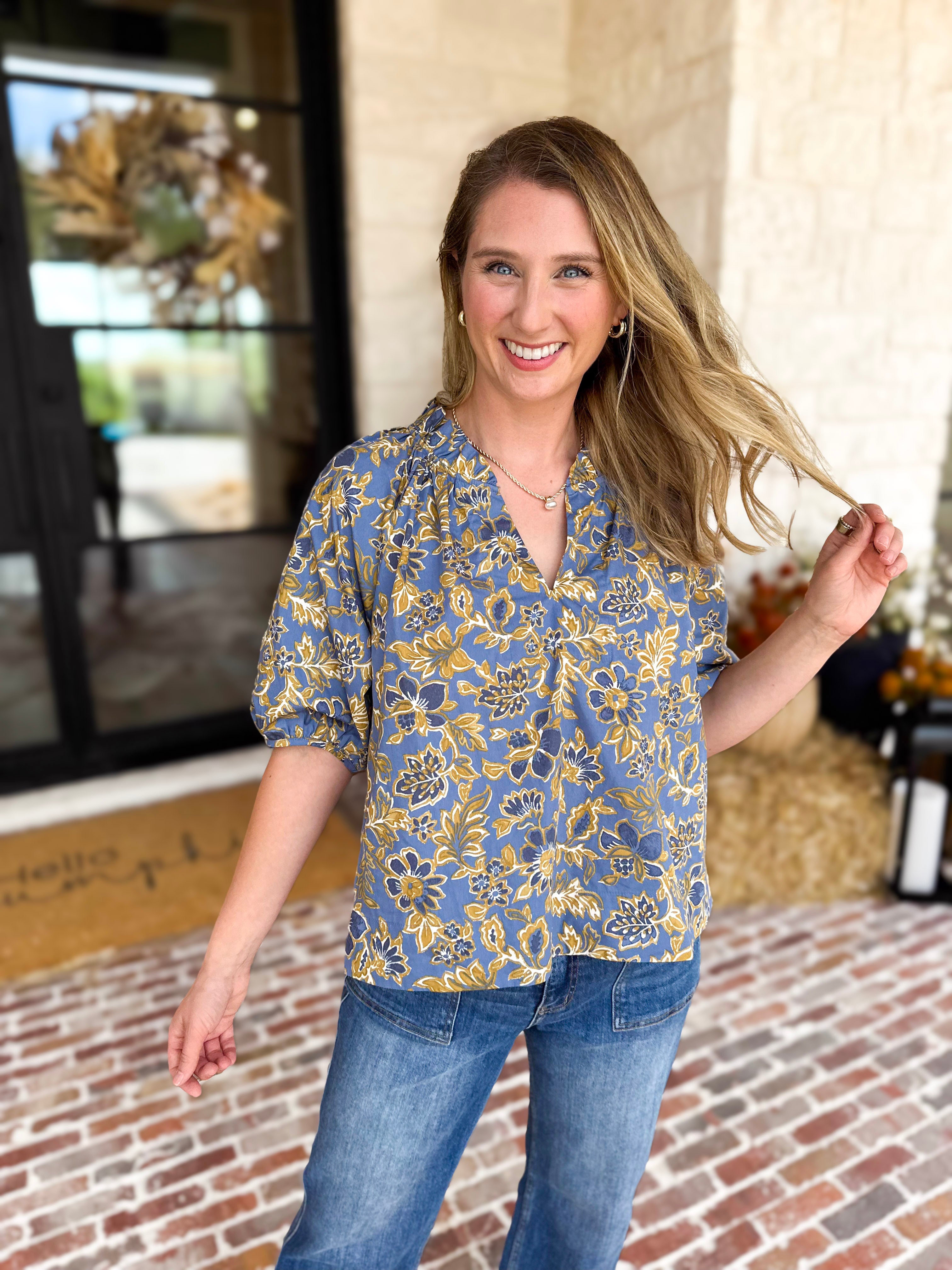 Marina Floral Puff Sleeve Blouse-200 Fashion Blouses-OLIVACEOUS-July & June Women's Fashion Boutique Located in San Antonio, Texas