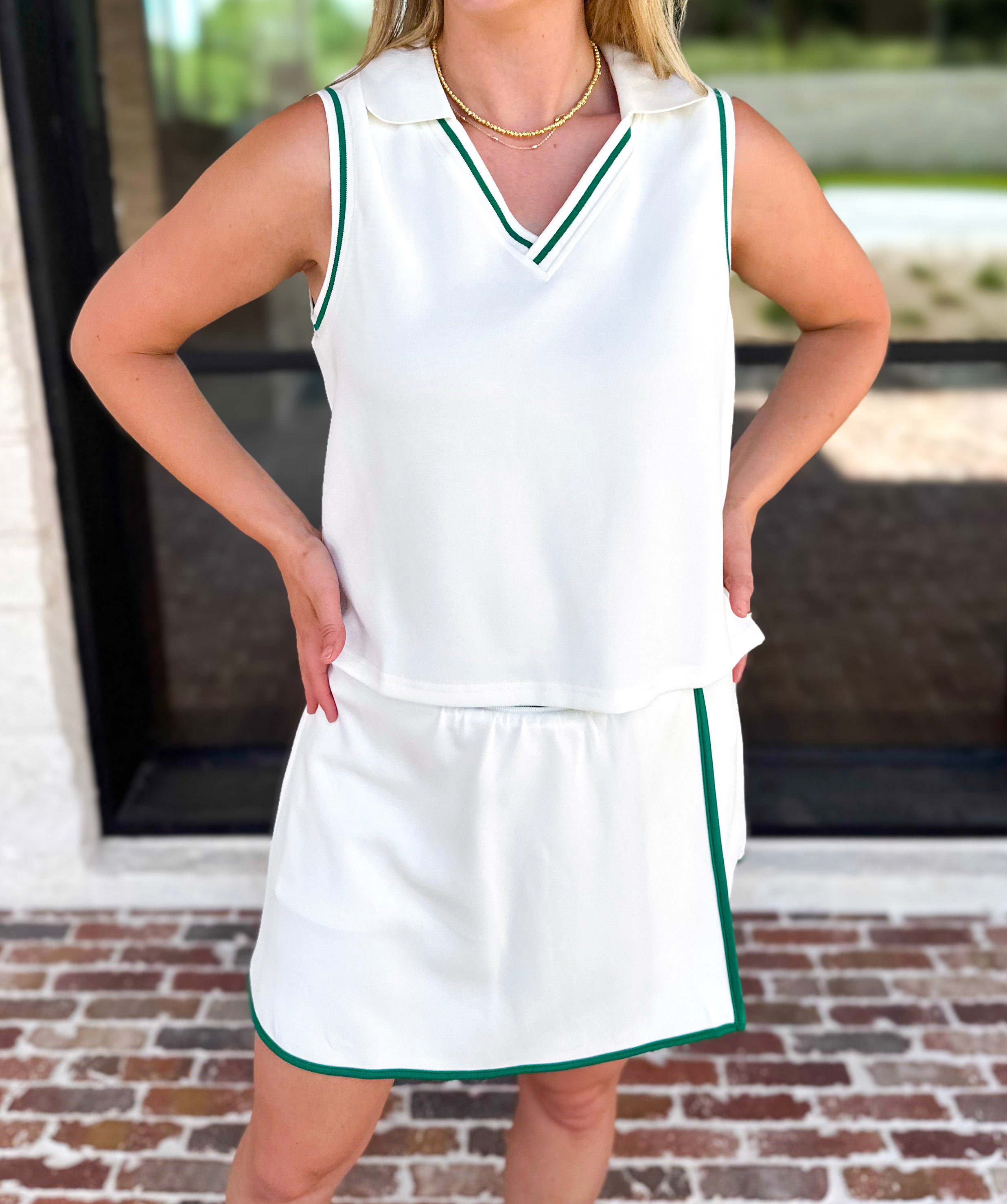 The Sunday Stroll Athleisure Tank - White/Green-300 Athleisure/Lounge-SKIES ARE BLUE-July & June Women's Fashion Boutique Located in San Antonio, Texas