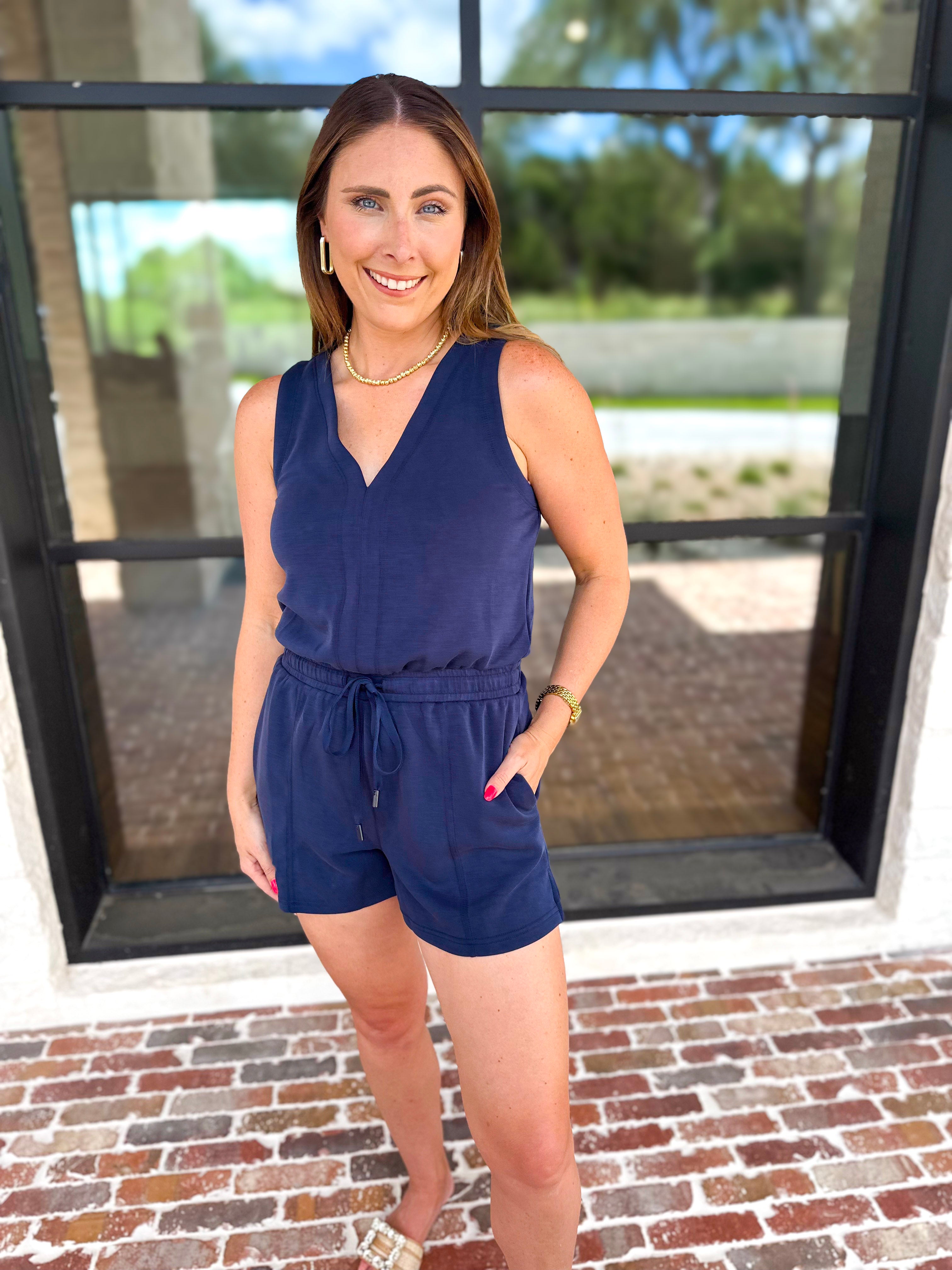 The Weekender Navy Romper-300 Athleisure/Lounge-SKIES ARE BLUE-July & June Women's Fashion Boutique Located in San Antonio, Texas